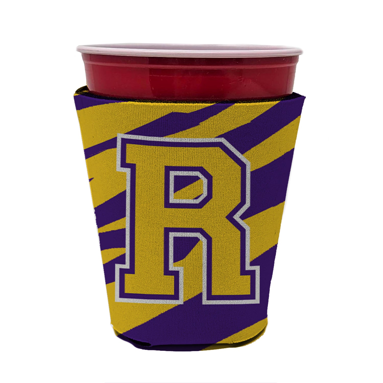 Tiger Stripe - Purple Gold Letter R Monogram Initial Red Cup Beverage Insulator Hugger