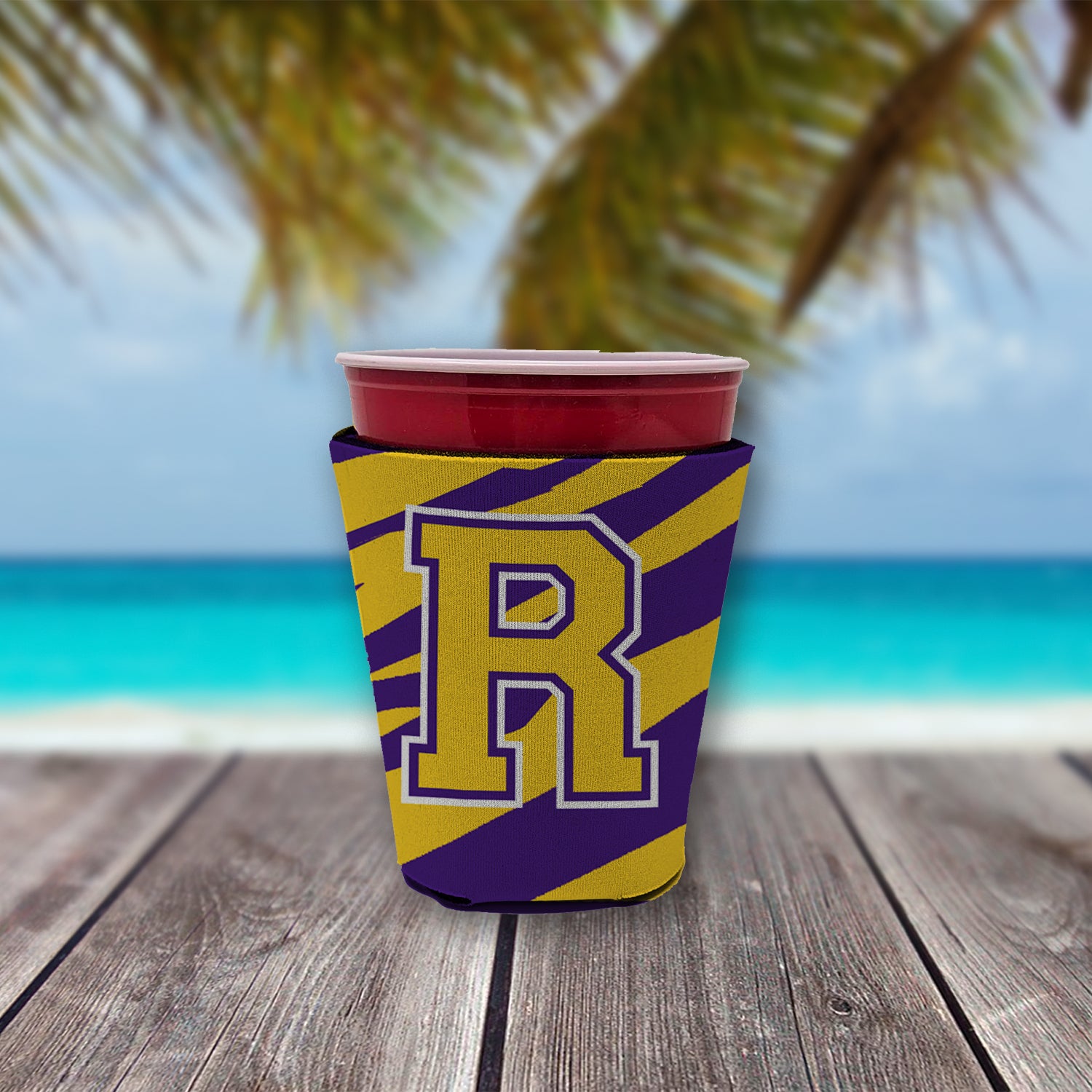 Tiger Stripe - Purple Gold Letter R Monogram Initial Red Cup Beverage Insulator Hugger