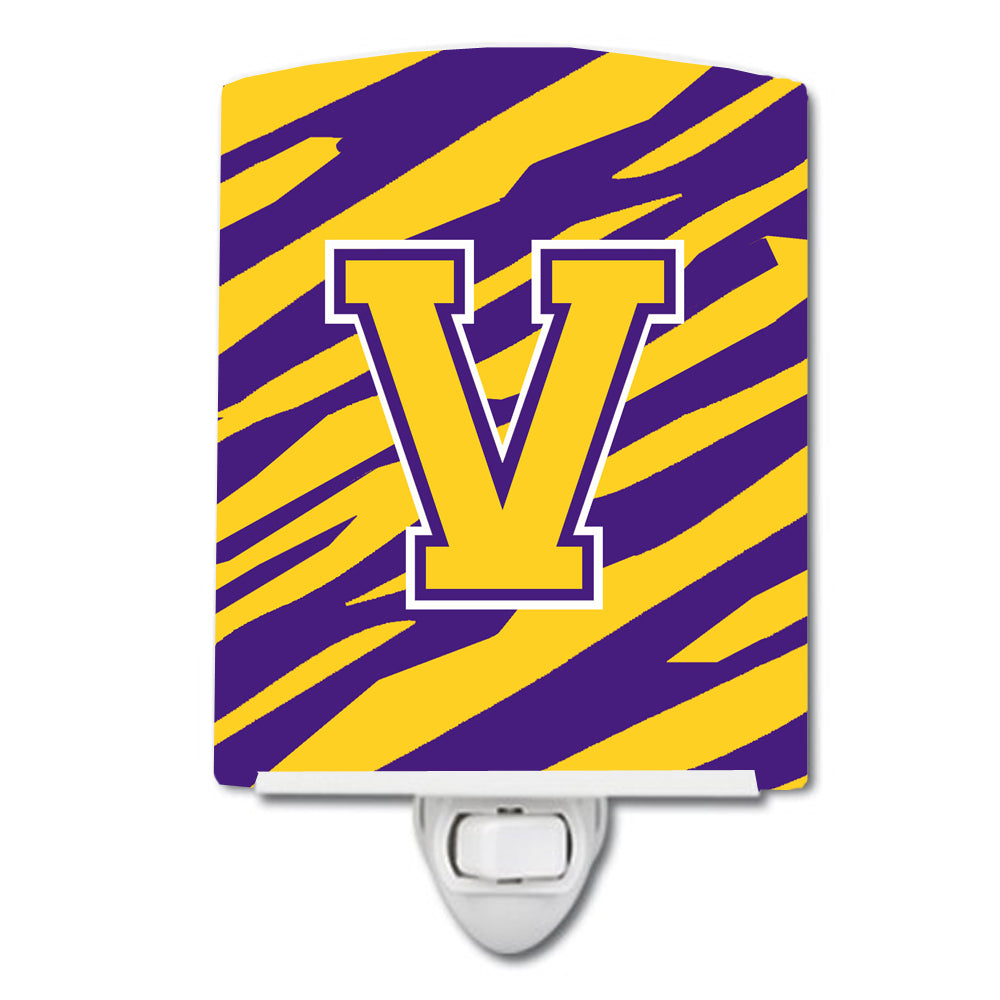 Letter V Monogram - Tiger Stripe - Purple Gold Ceramic Night Light CJ1022-VCNL - the-store.com