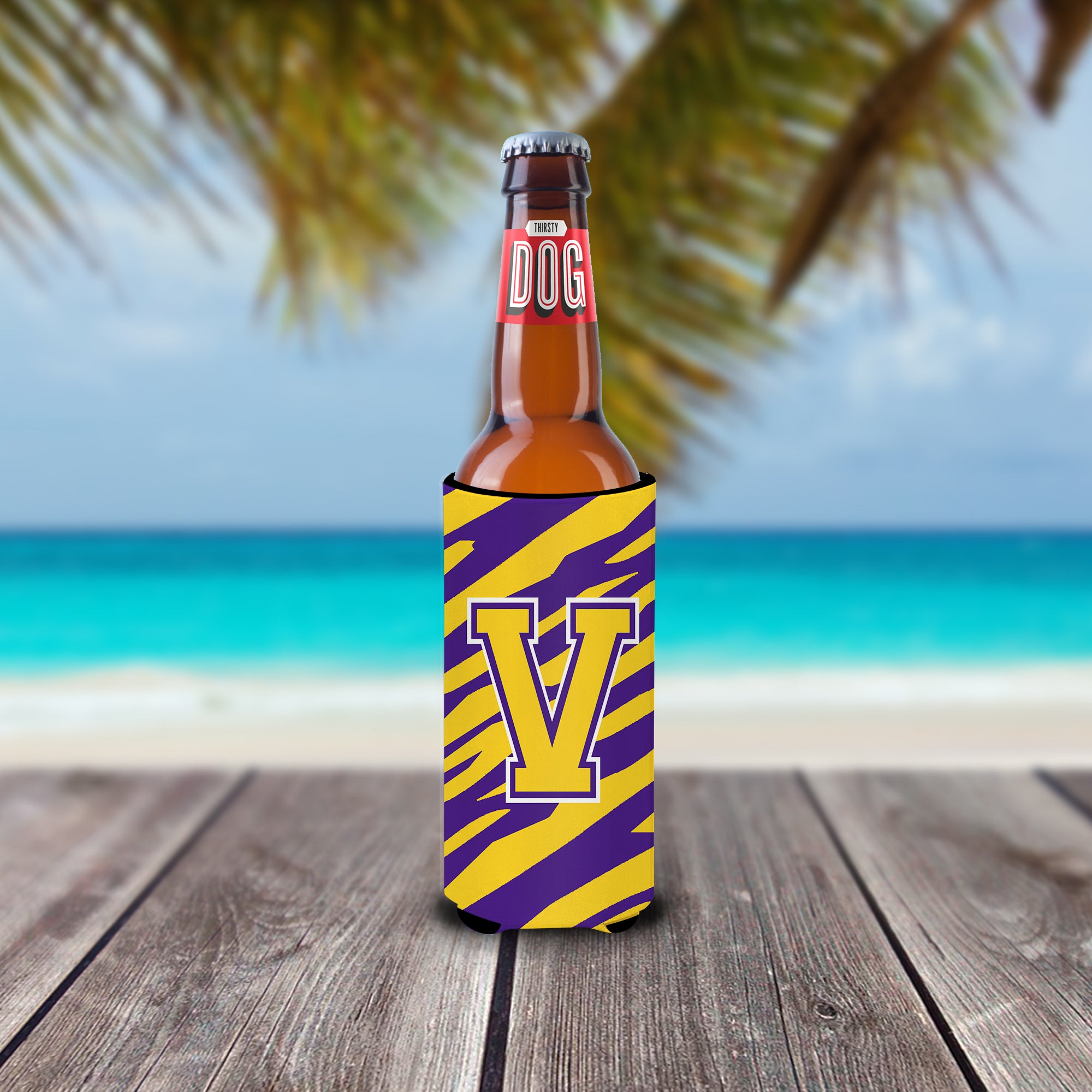 Monogram - Tiger Stripe - Purple Gold  Letter V Ultra Beverage Insulators for slim cans CJ1022-VMUK.