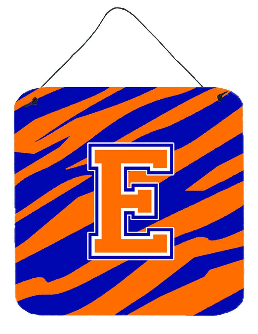 Letter E Initial Tiger Stripe - Blue Orange  Wall or Door Hanging Prints by Caroline's Treasures