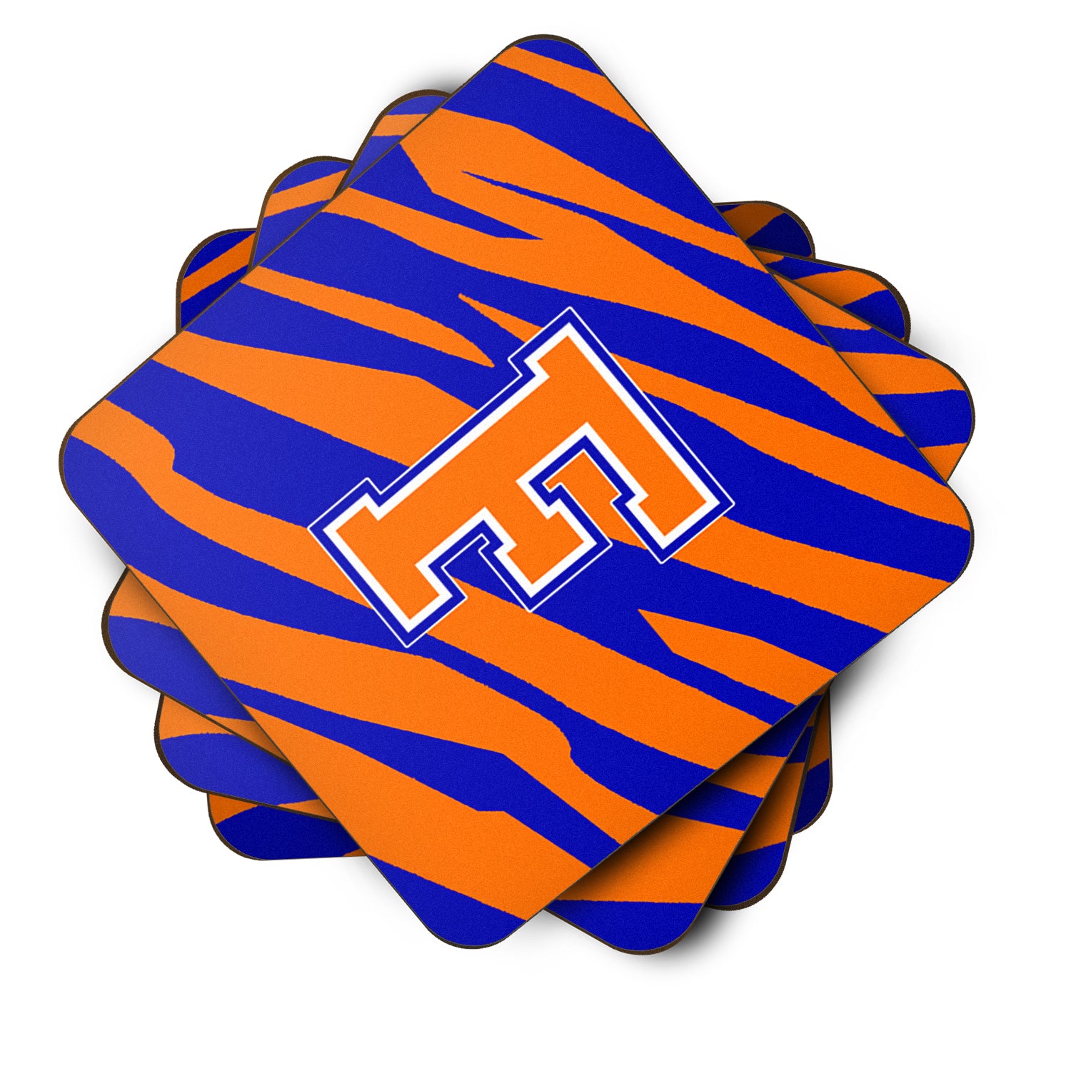Set of 4 Monogram - Tiger Stripe - Blue Orange Foam Coasters Initial Letter F - the-store.com