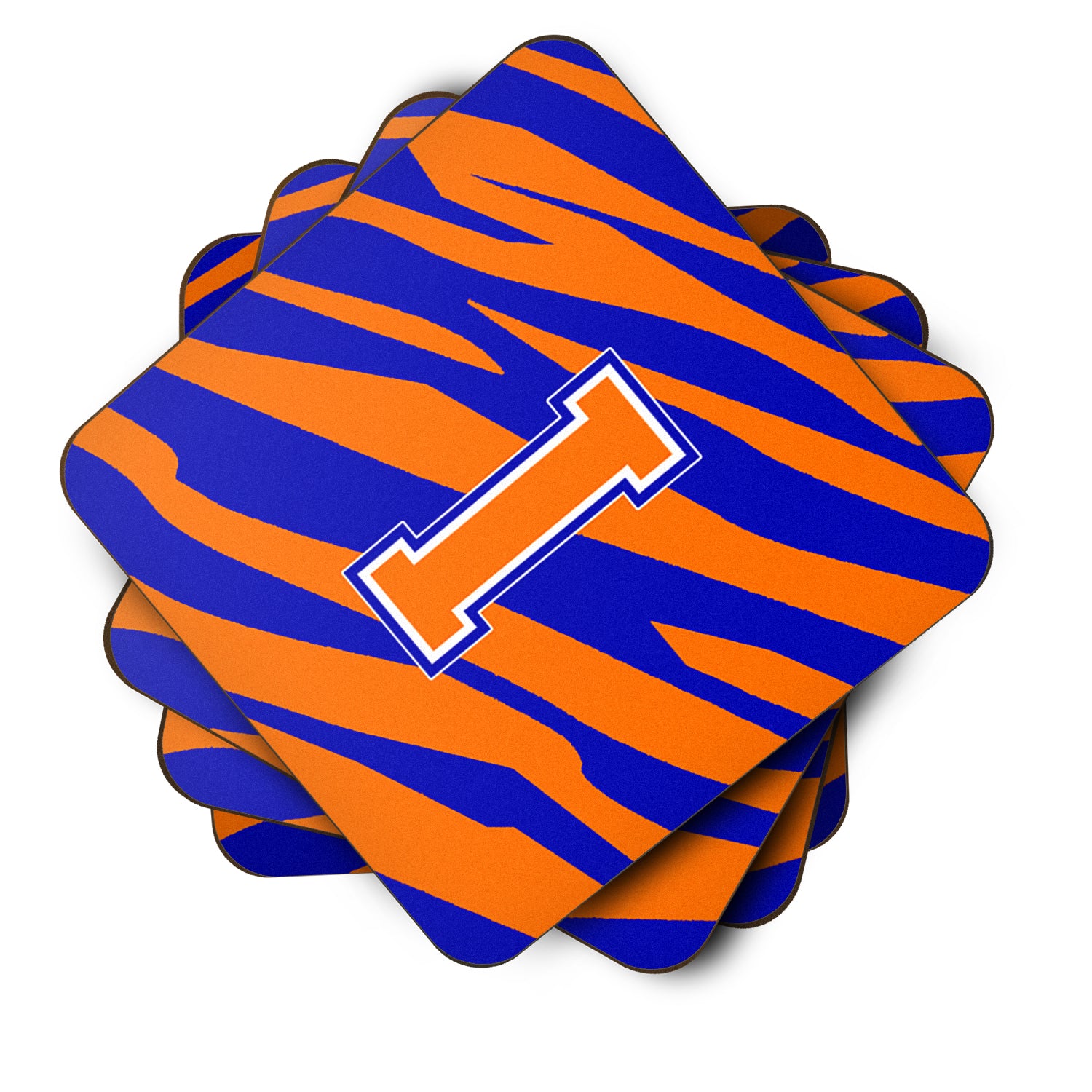 Set of 4 Monogram - Tiger Stripe - Blue Orange Foam Coasters Initial Letter I - the-store.com