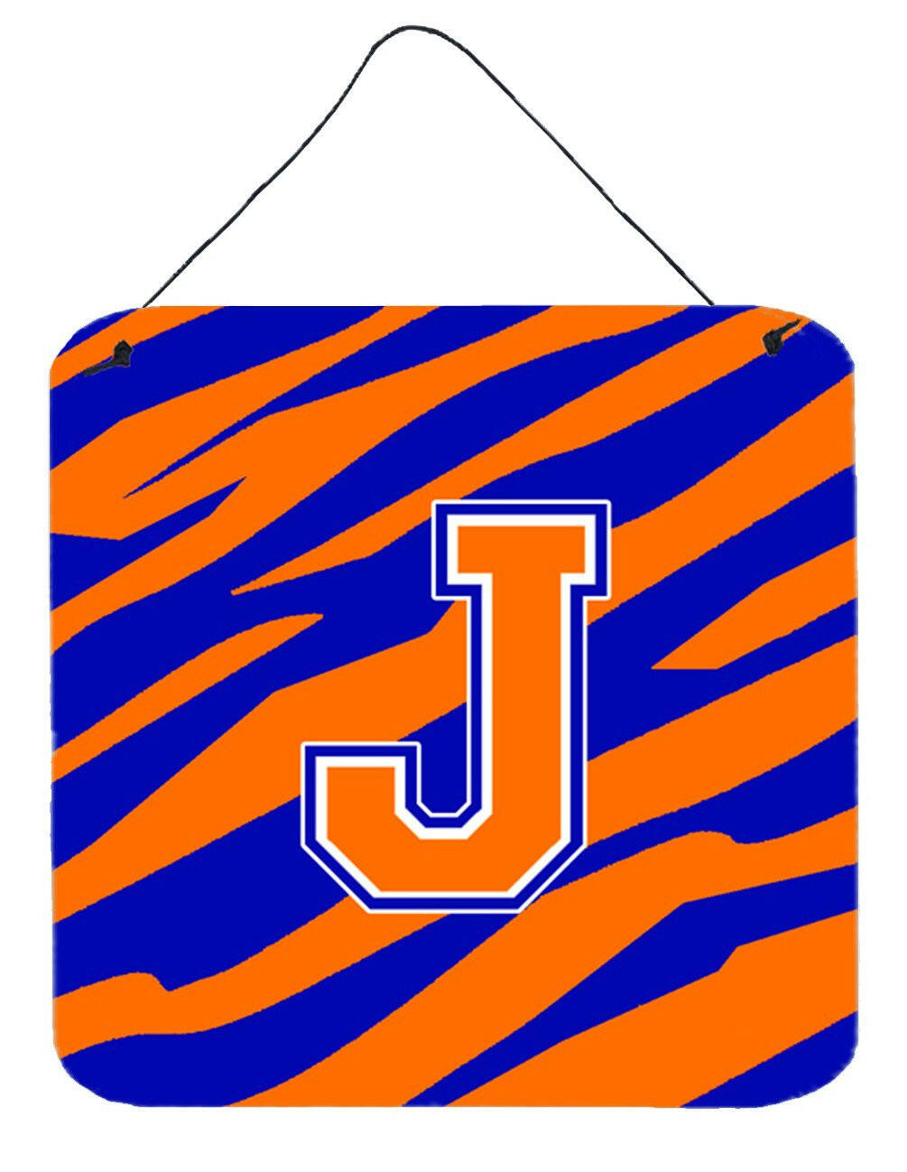 Letter J Initial Tiger Stripe - Blue Orange  Wall or Door Hanging Prints by Caroline's Treasures