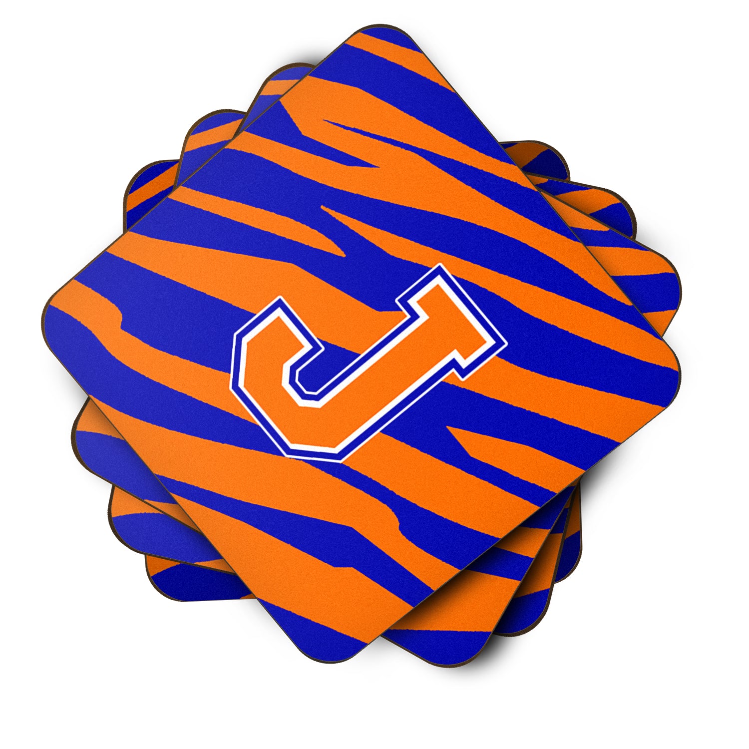 Set of 4 Monogram - Tiger Stripe - Blue Orange Foam Coasters Initial Letter J - the-store.com