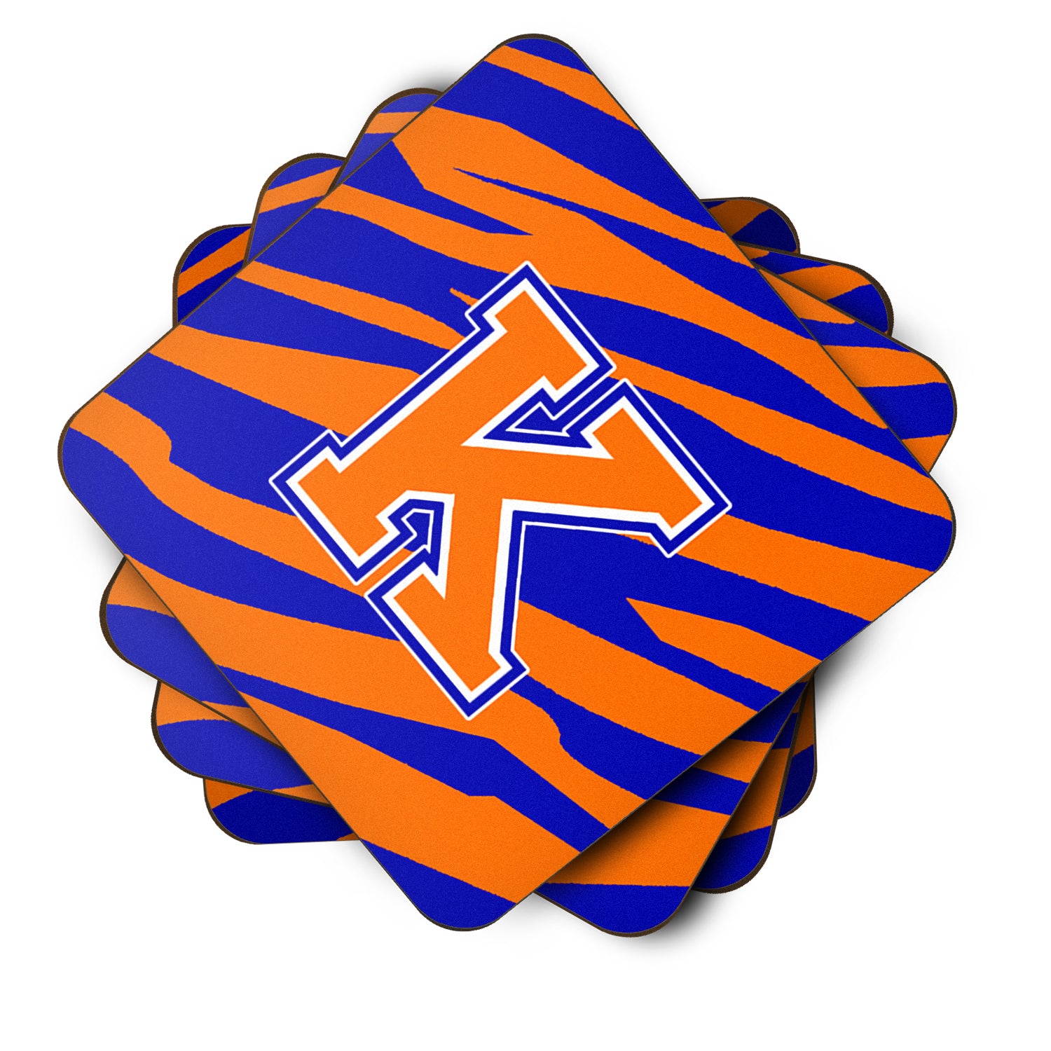 Set of 4 Monogram - Tiger Stripe - Blue Orange Foam Coasters Initial Letter K - the-store.com