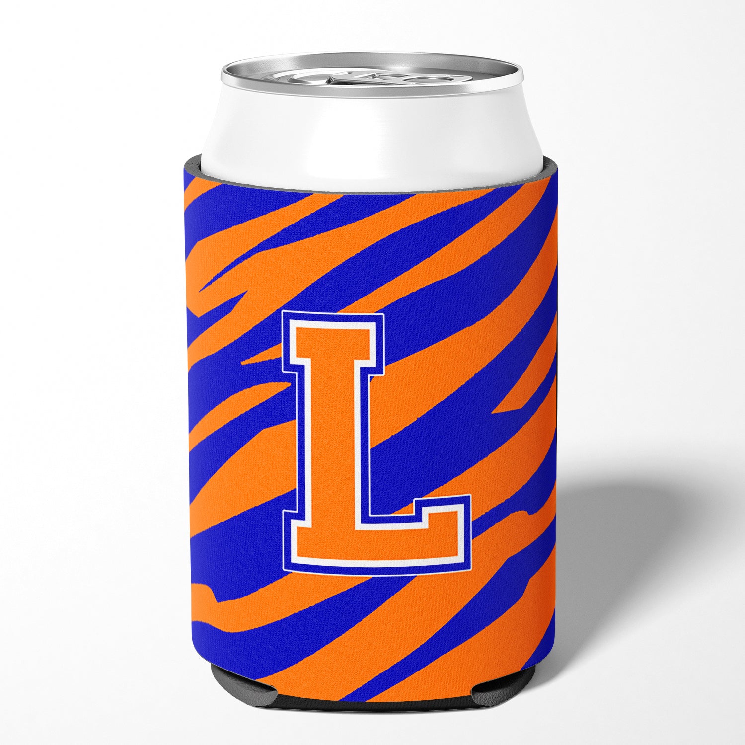 Letter L Initial Monogram Tiger Stripe Blue Orange Can or Bottle Beverage Insulator Hugger.