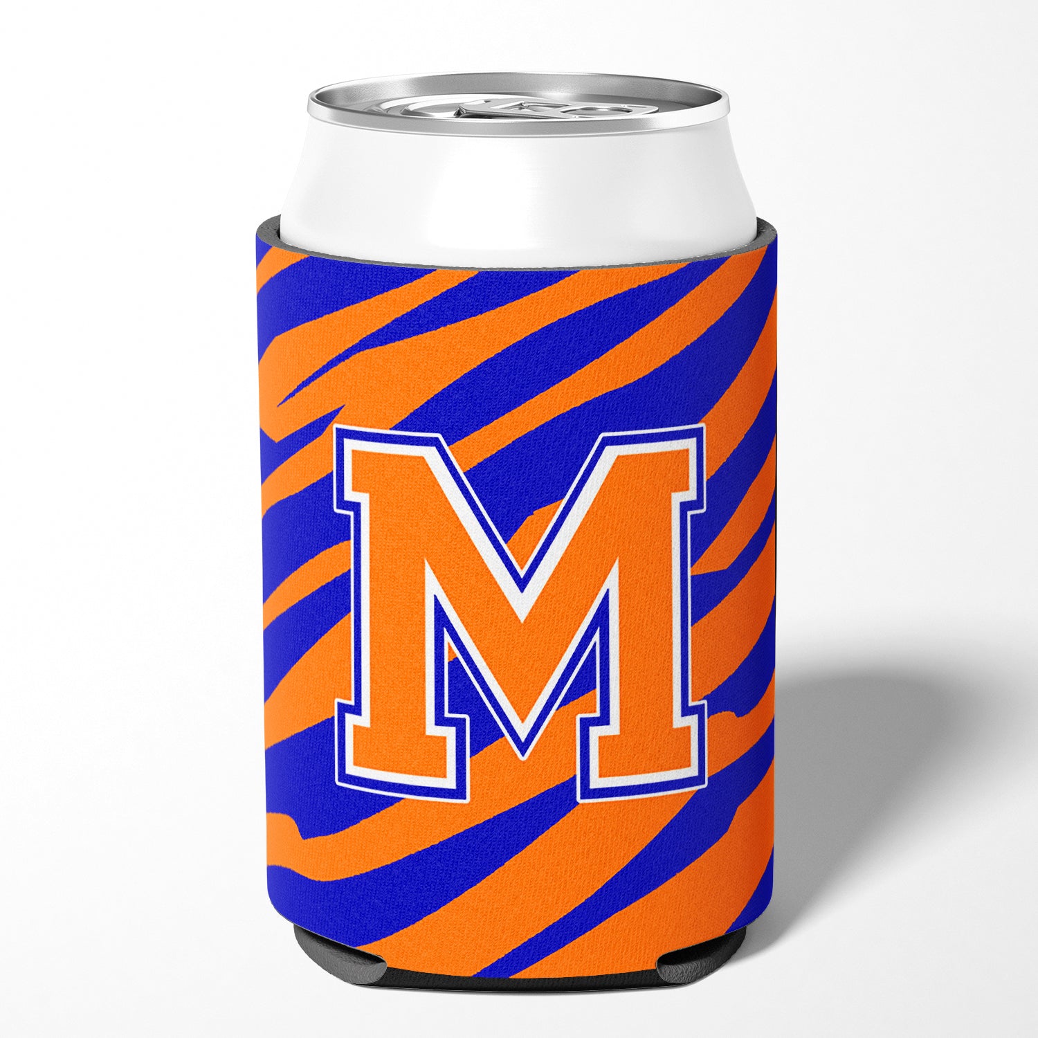 Letter M Initial Monogram Tiger Stripe Blue Orange Can or Bottle Beverage Insulator Hugger.