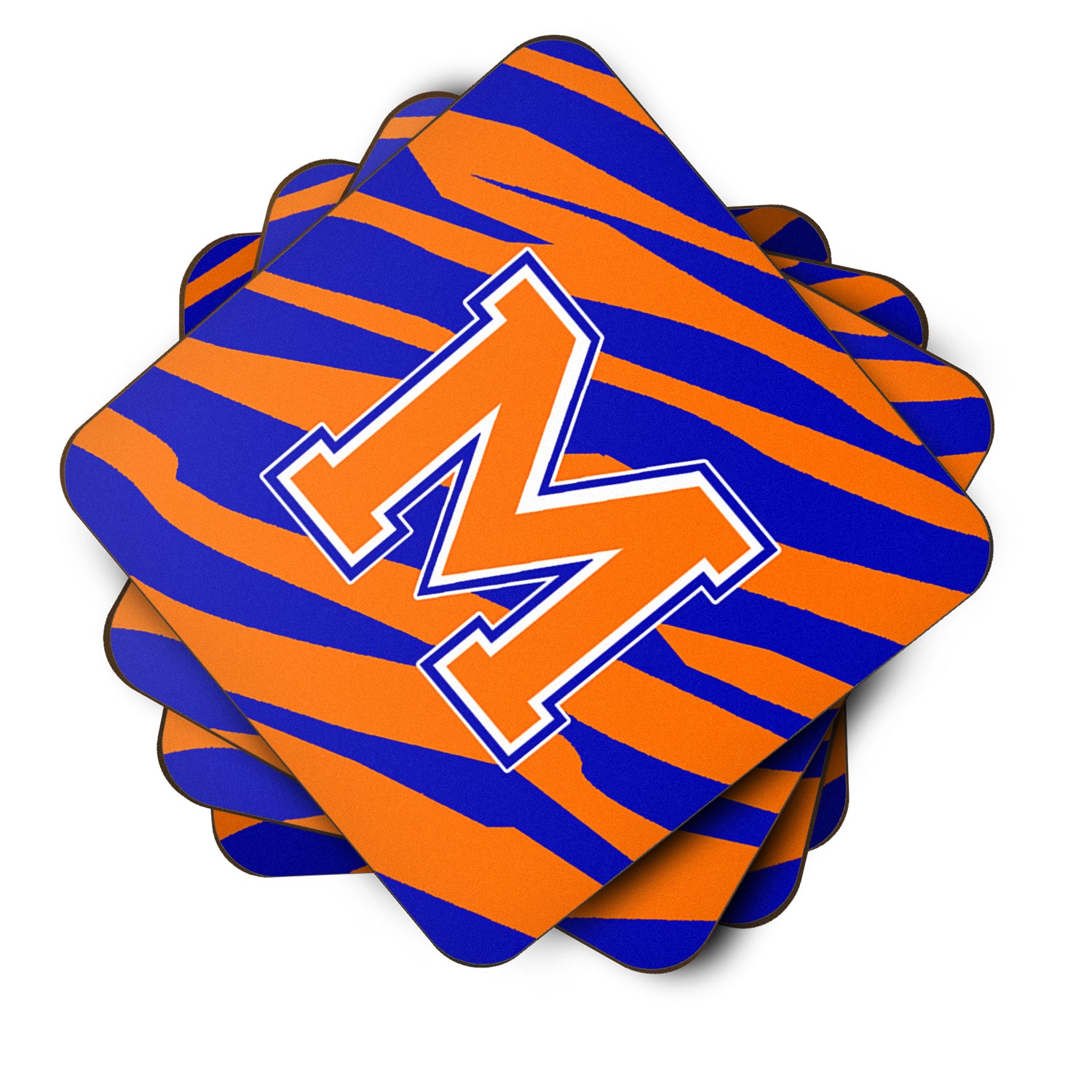 Set of 4 Monogram - Tiger Stripe - Blue Orange Foam Coasters Initial Letter M - the-store.com