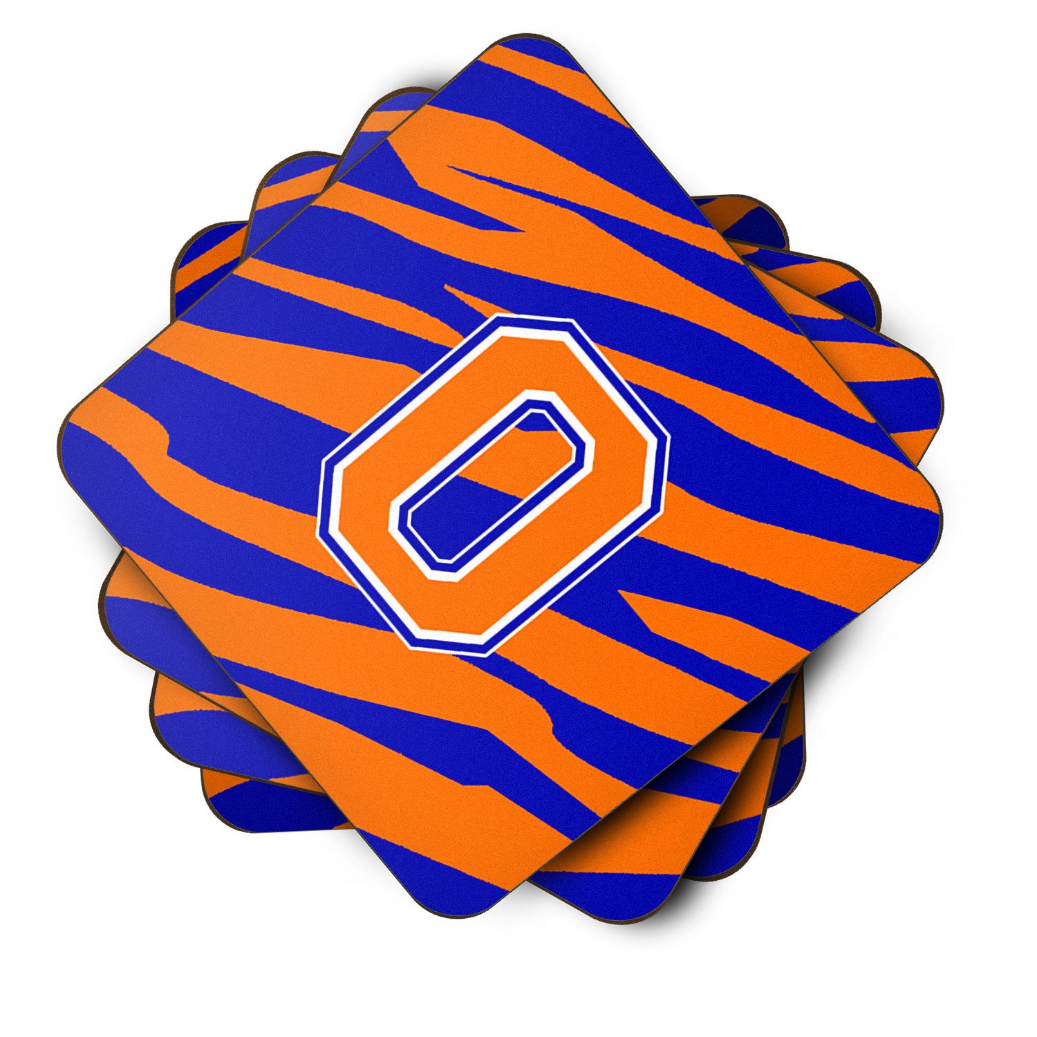 Set of 4 Monogram - Tiger Stripe - Blue Orange Foam Coasters Initial Letter O - the-store.com