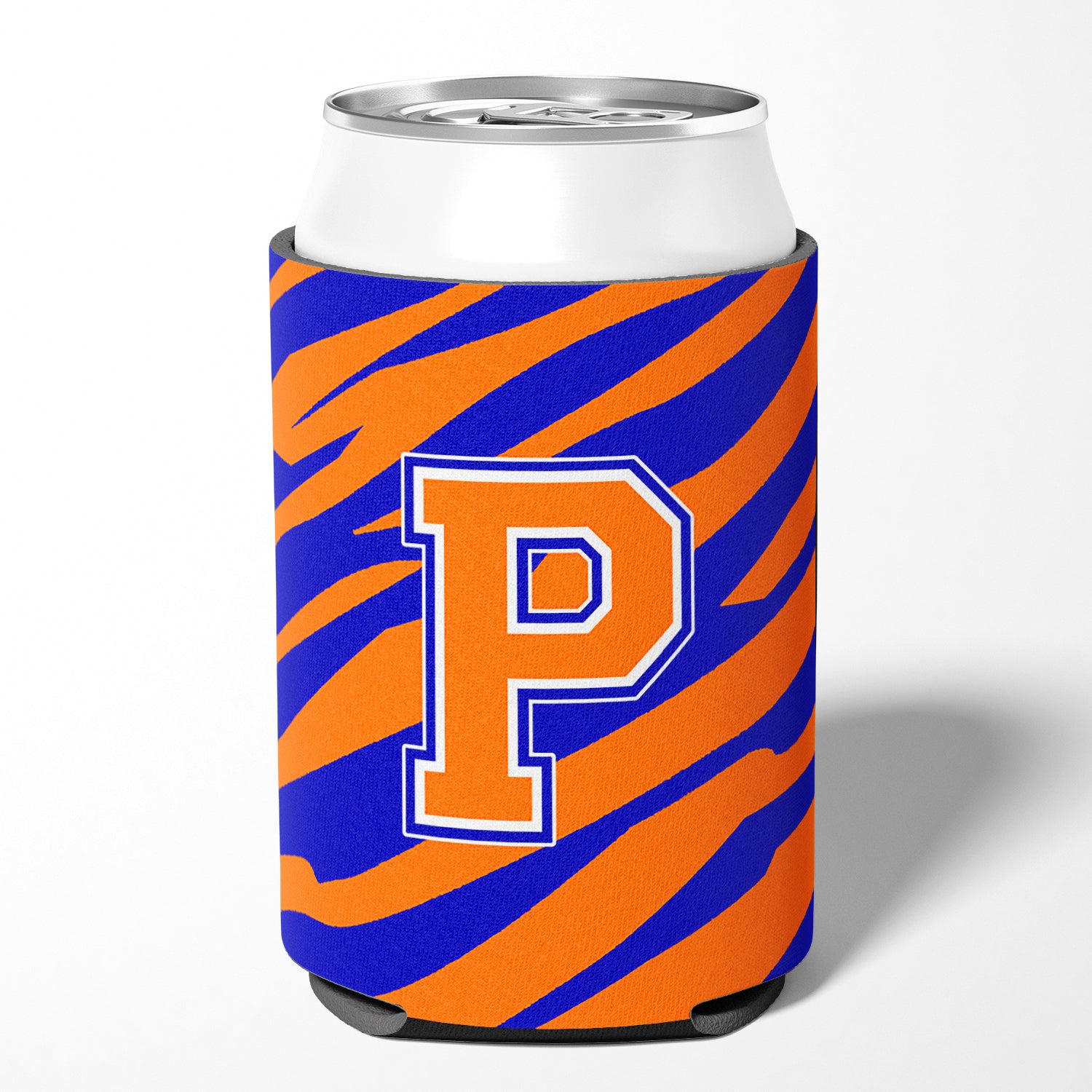 Letter P Initial Monogram Tiger Stripe Blue Orange Can or Bottle Beverage Insulator Hugger.