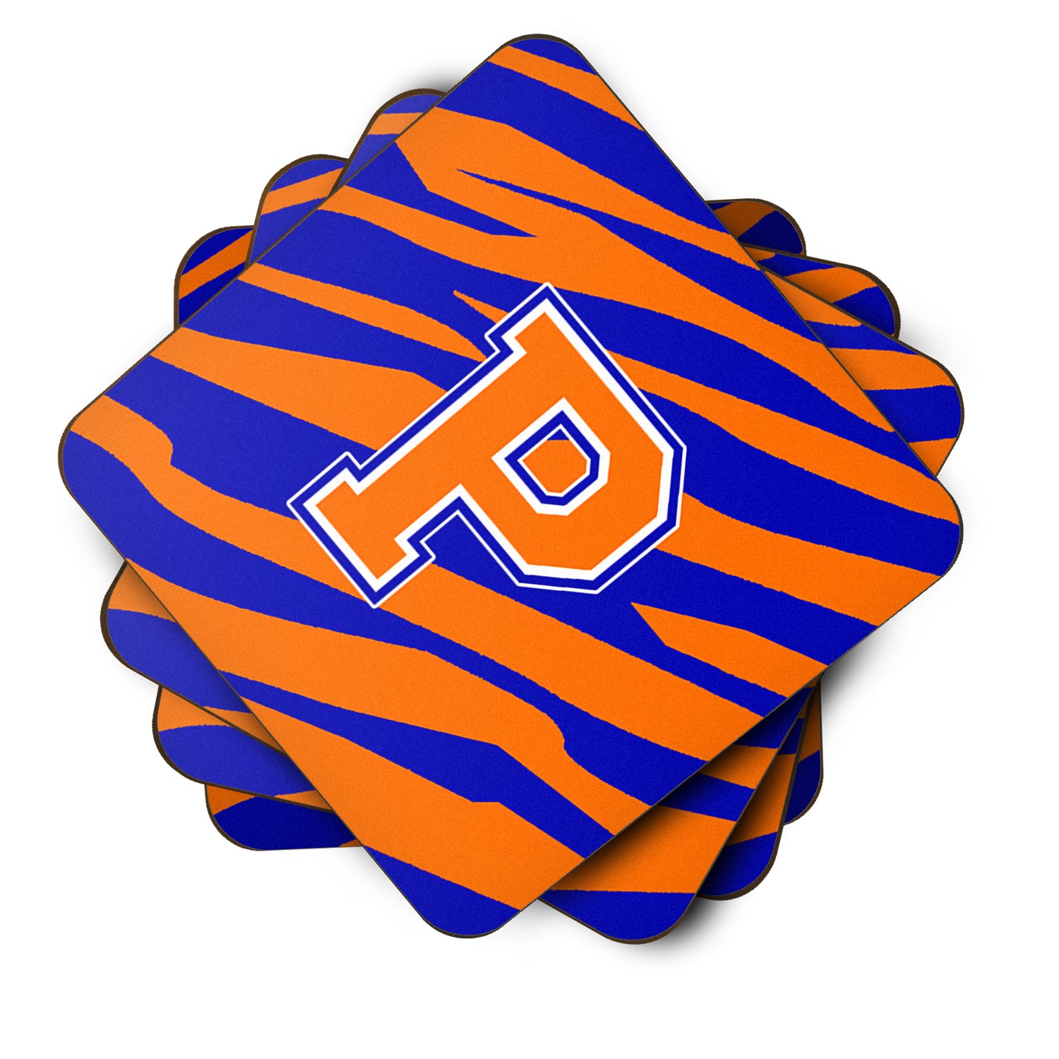 Set of 4 Monogram - Tiger Stripe - Blue Orange Foam Coasters Initial Letter P - the-store.com