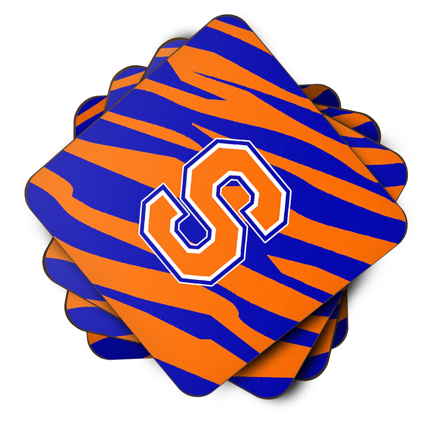 Set of 4 Monogram - Tiger Stripe - Blue Orange Foam Coasters Initial Letter S - the-store.com