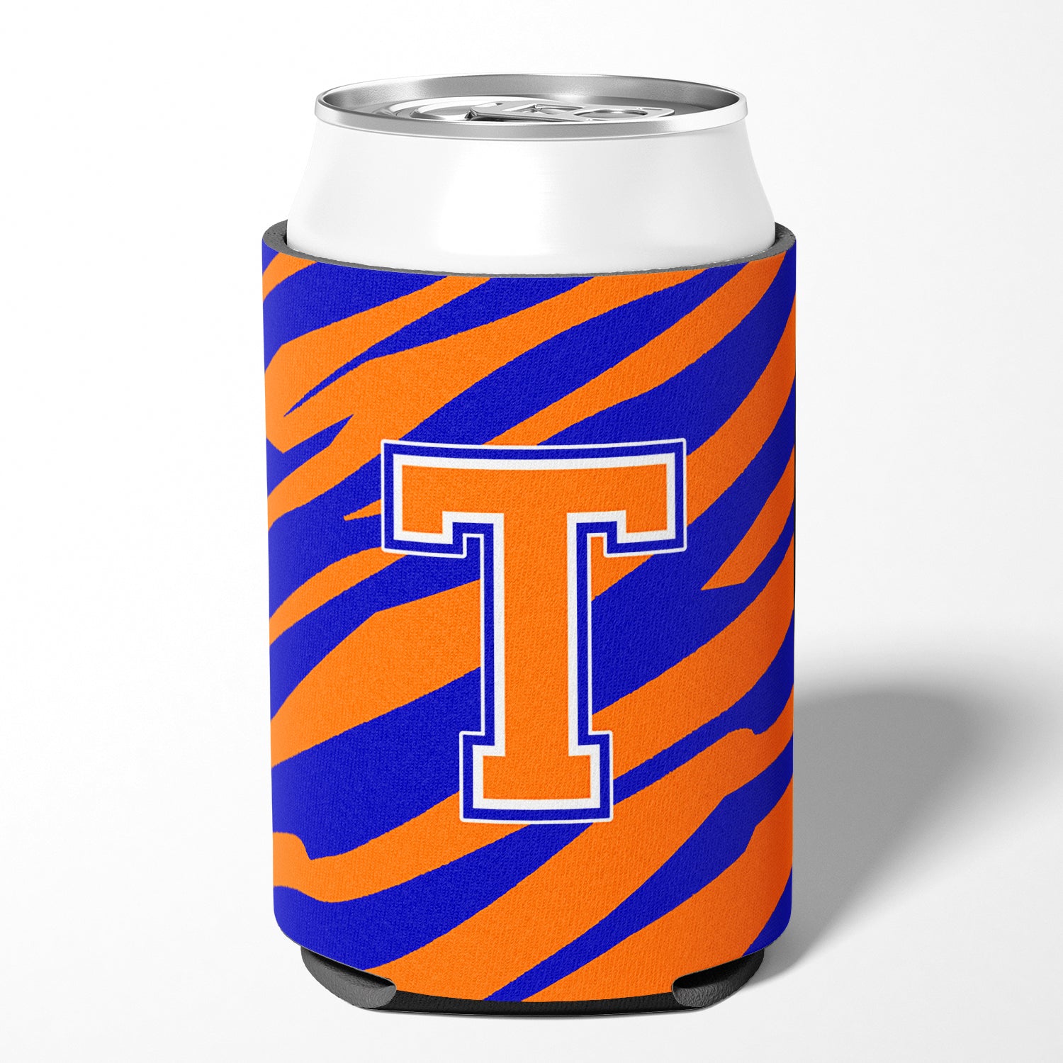 Letter T Initial Monogram Tiger Stripe Blue Orange Can or Bottle Beverage Insulator Hugger.