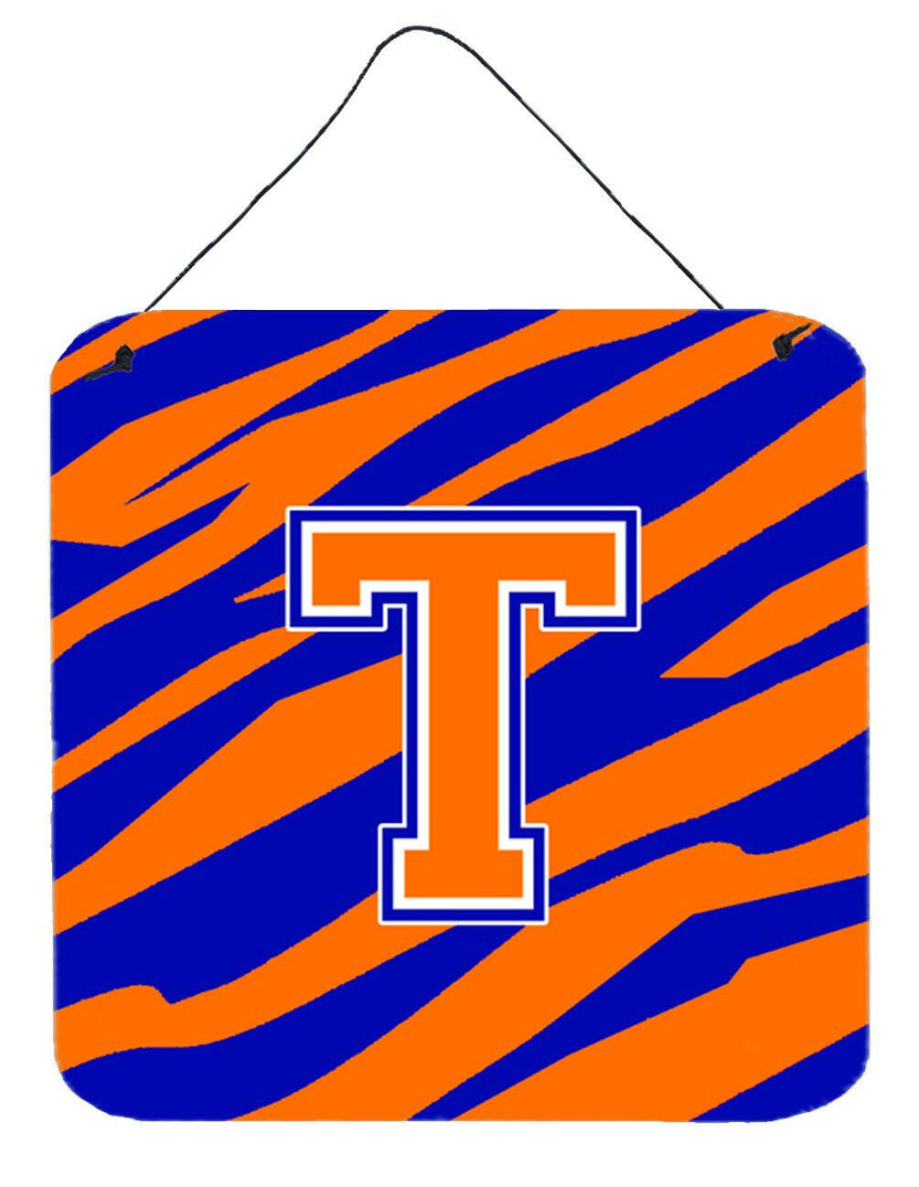 Letter T Initial Tiger Stripe - Blue Orange  Wall or Door Hanging Prints by Caroline's Treasures