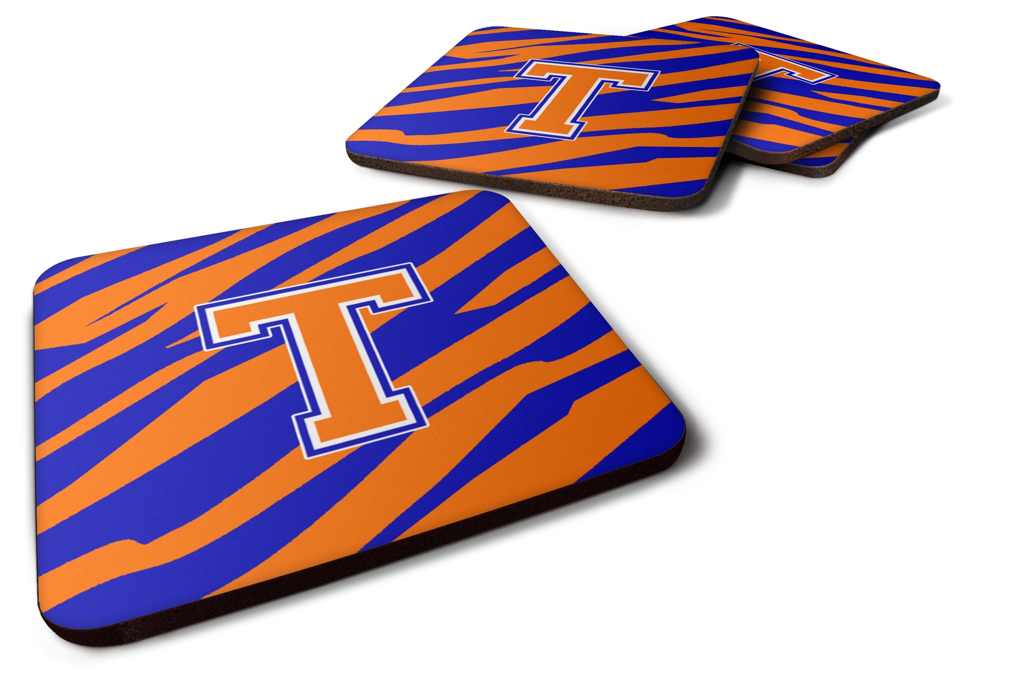 Set of 4 Monogram - Tiger Stripe - Blue Orange Foam Coasters Initial Letter T - the-store.com