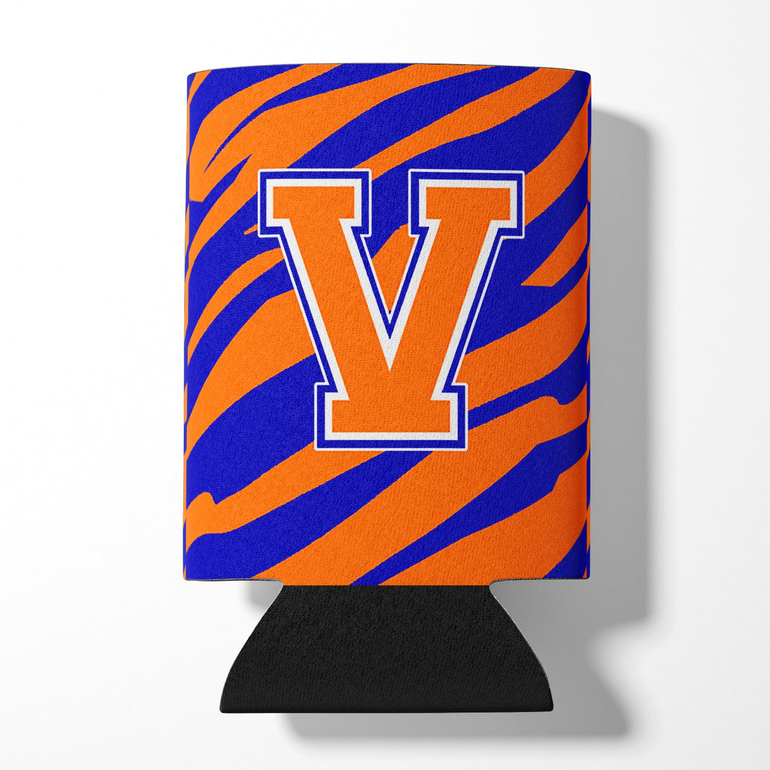 Letter V Initial Monogram Tiger Stripe Blue Orange Can or Bottle Beverage Insulator Hugger.