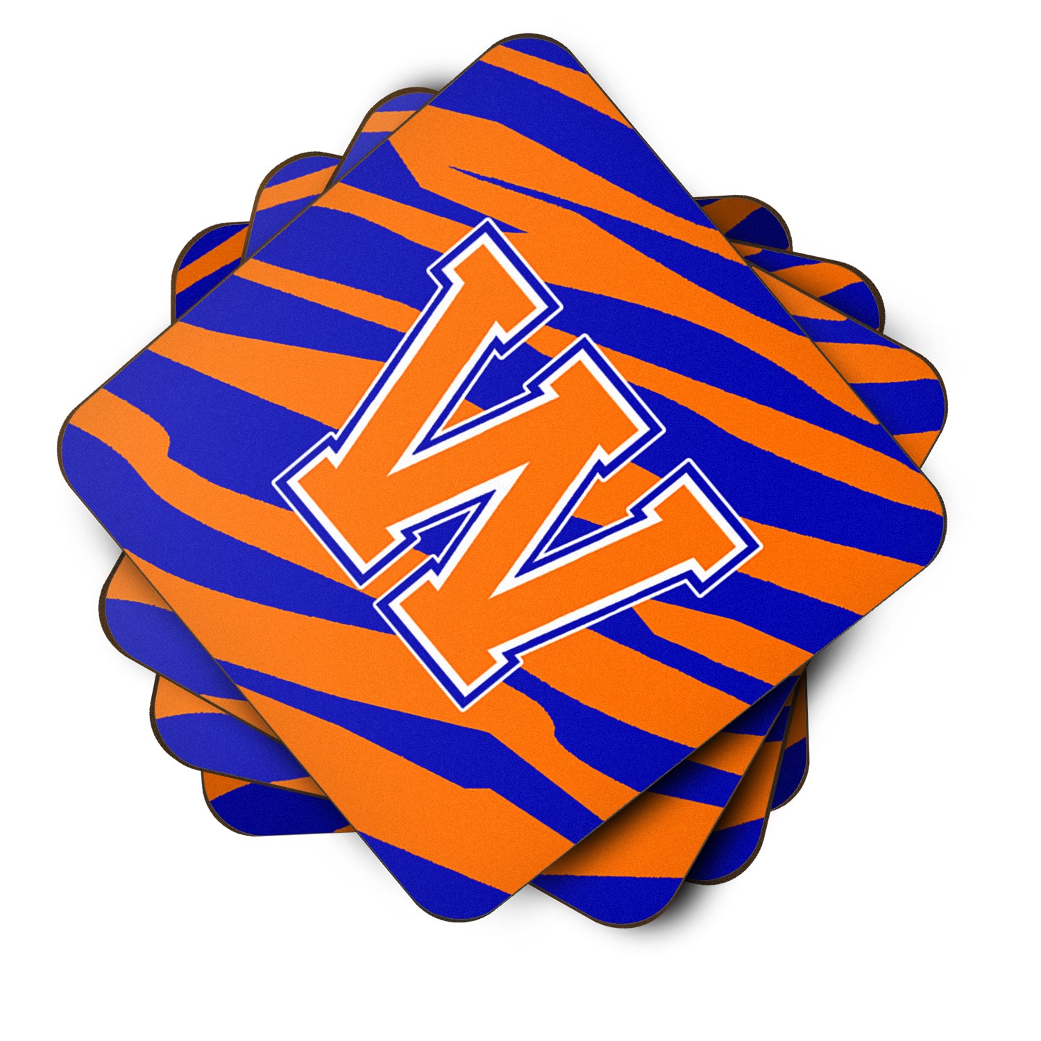Set of 4 Monogram - Tiger Stripe - Blue Orange Foam Coasters Initial Letter W - the-store.com