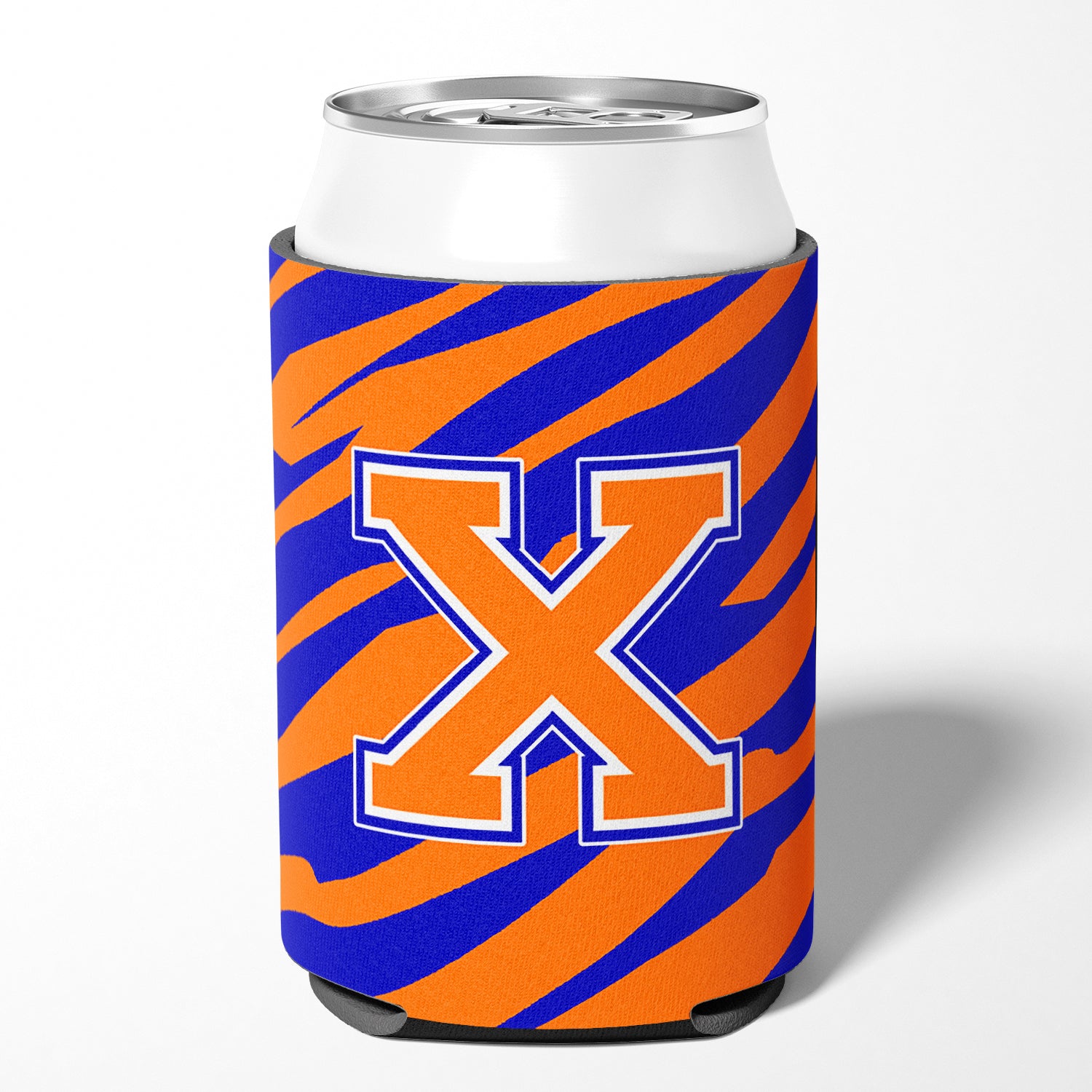 Letter X Initial Monogram Tiger Stripe Blue Orange Can or Bottle Beverage Insulator Hugger.