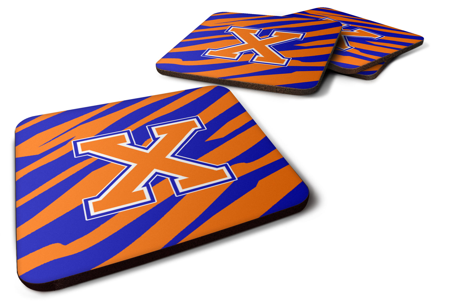 Set of 4 Monogram - Tiger Stripe - Blue Orange Foam Coasters Initial Letter X - the-store.com