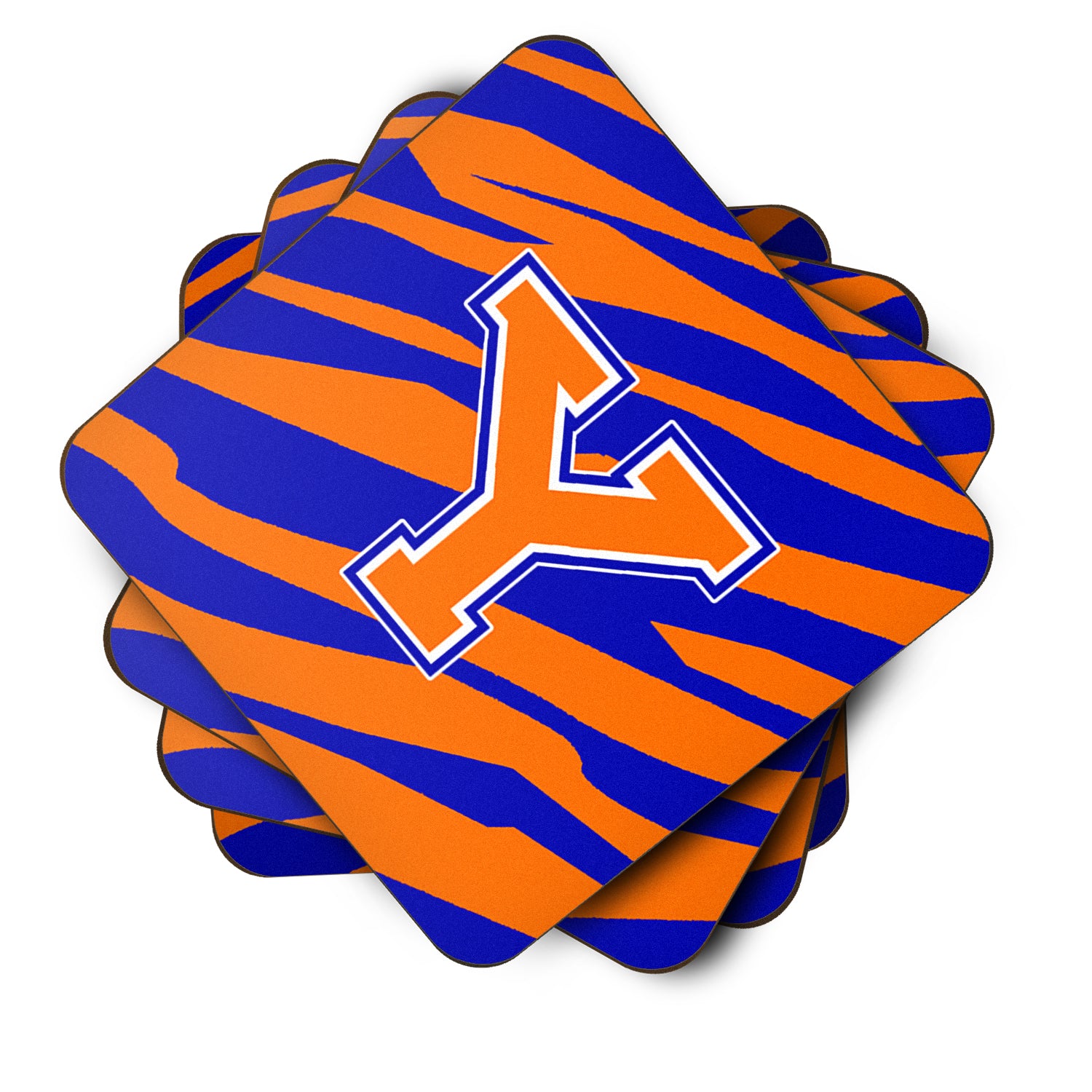 Set of 4 Monogram - Tiger Stripe - Blue Orange Foam Coasters Initial Letter Y - the-store.com