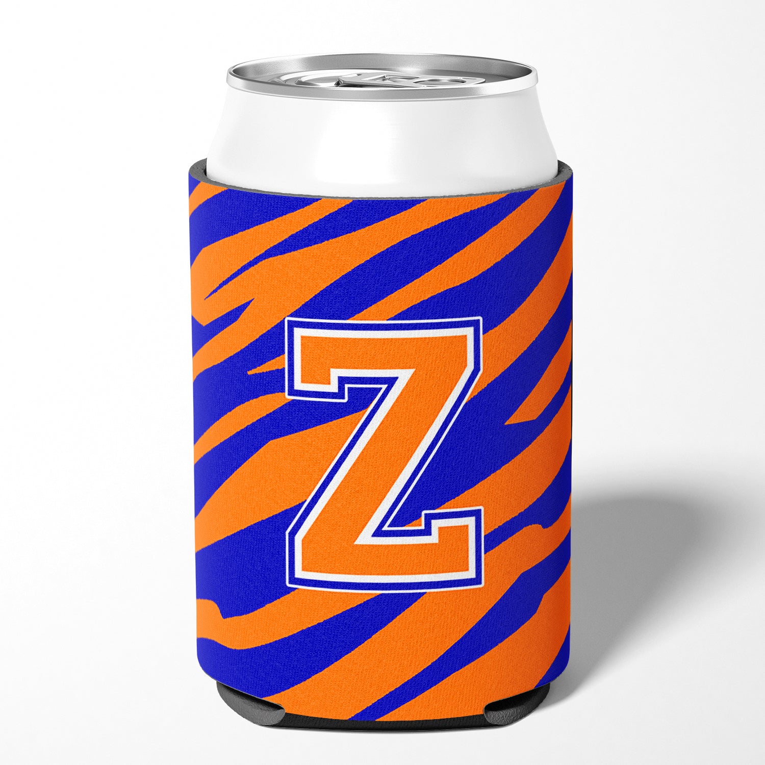 Letter Z Initial Monogram Tiger Stripe Blue Orange Can or Bottle Beverage Insulator Hugger.