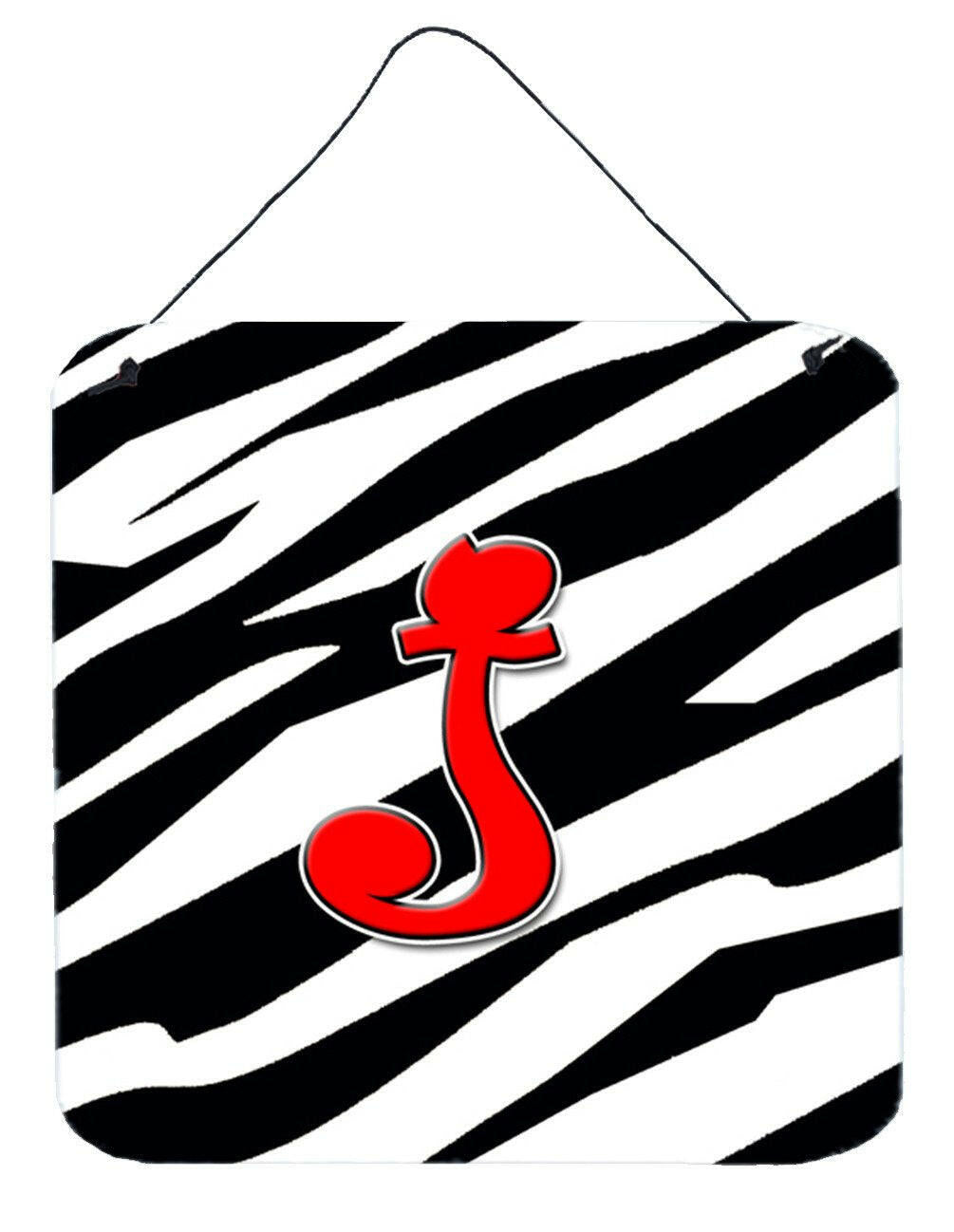 Letter J Initial Monogram - Zebra Red Wall or Door Hanging Prints by Caroline's Treasures