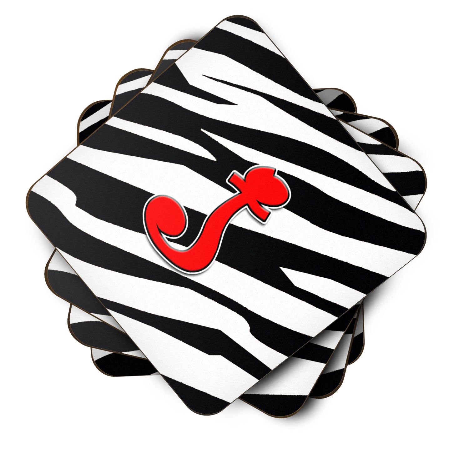 Set of 4 Monogram - Zebra Red Foam Coasters Initial Letter J - the-store.com