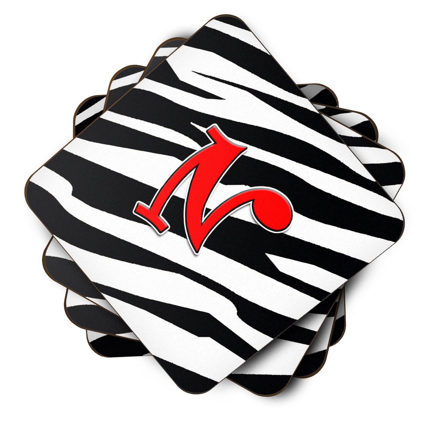 Set of 4 Monogram - Zebra Red Foam Coasters Initial Letter N - the-store.com
