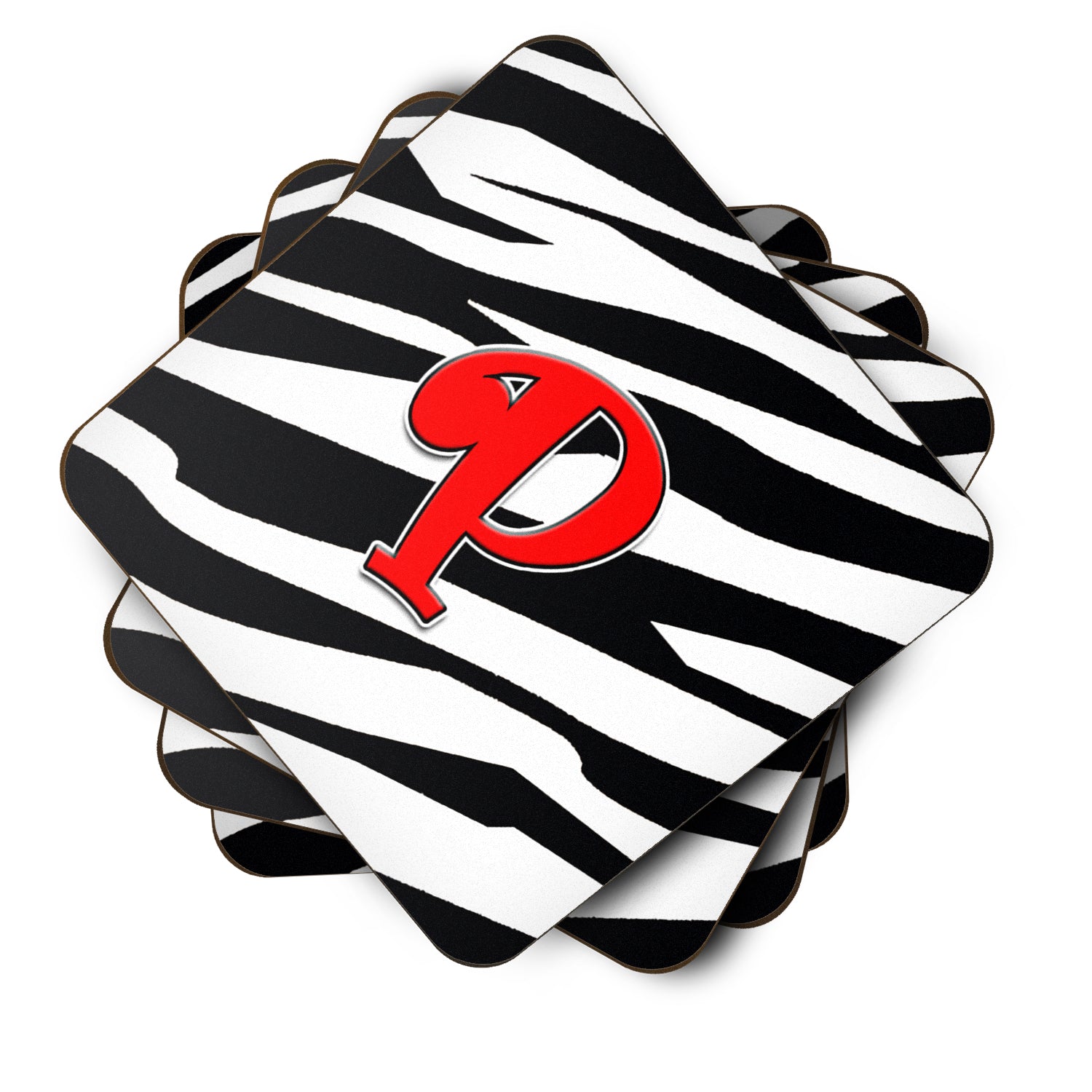 Set of 4 Monogram - Zebra Red Foam Coasters Initial Letter P - the-store.com