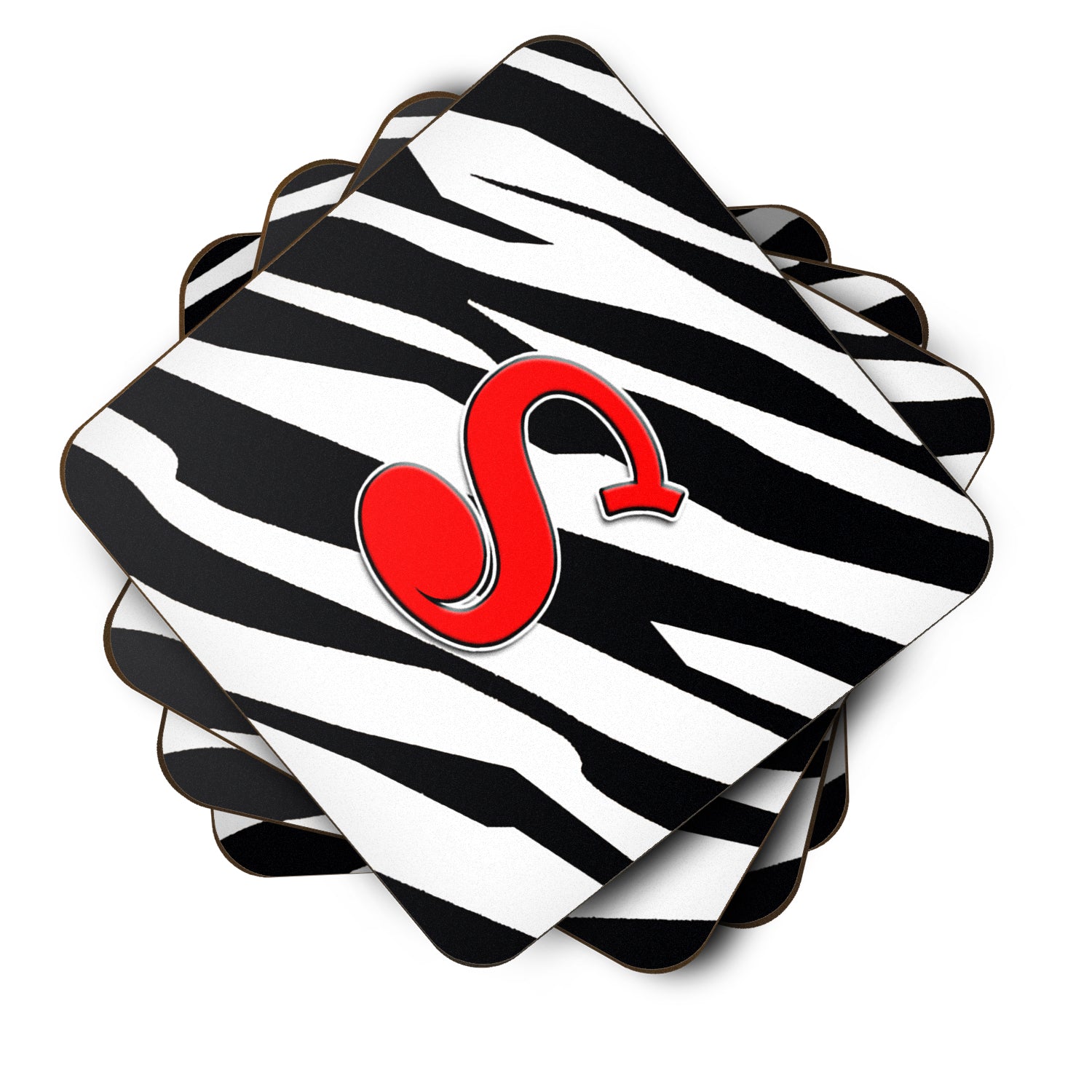 Set of 4 Monogram - Zebra Red Foam Coasters Initial Letter S - the-store.com