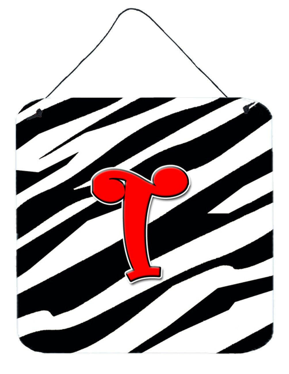 Letter T Initial Monogram - Zebra Red Wall or Door Hanging Prints by Caroline's Treasures