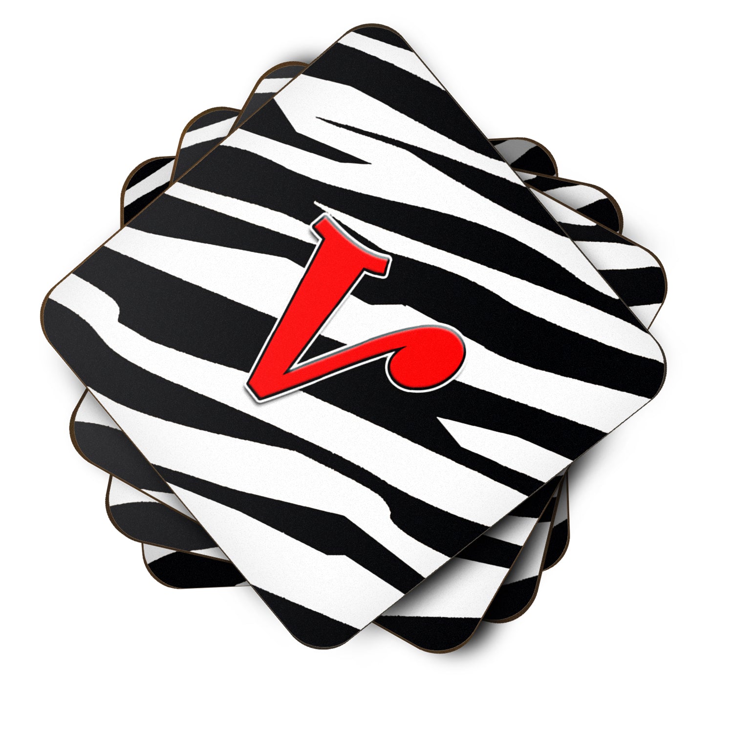 Set of 4 Monogram - Zebra Red Foam Coasters Initial Letter V - the-store.com