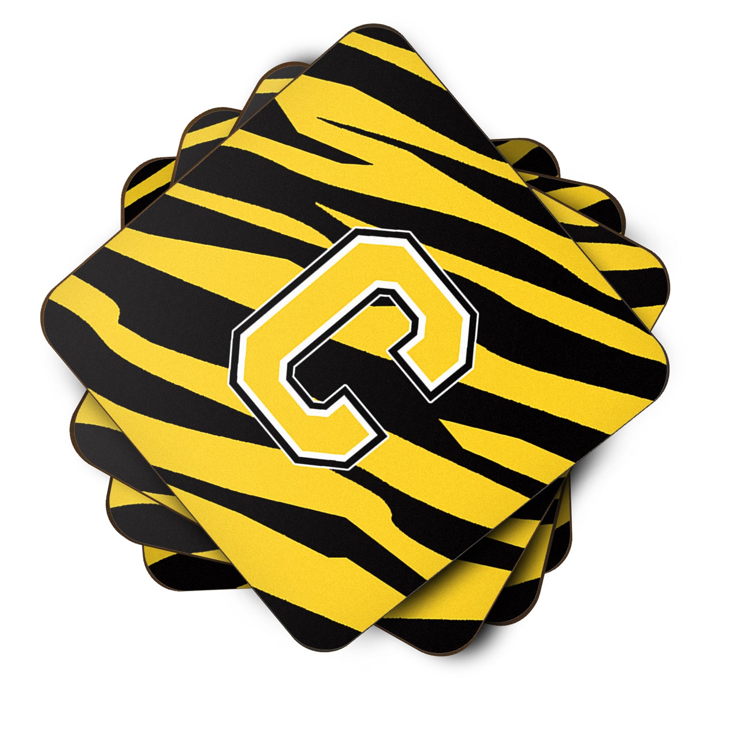 Set of 4 Monogram - Tiger Stripe - Black Gold Foam Coasters Initial Letter C - the-store.com