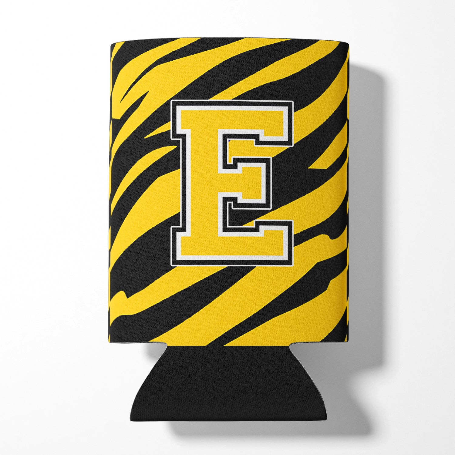 Letter E Initial Monogram - Tiger Stripe -Black Gold Can Beverage Insulator Hugger.