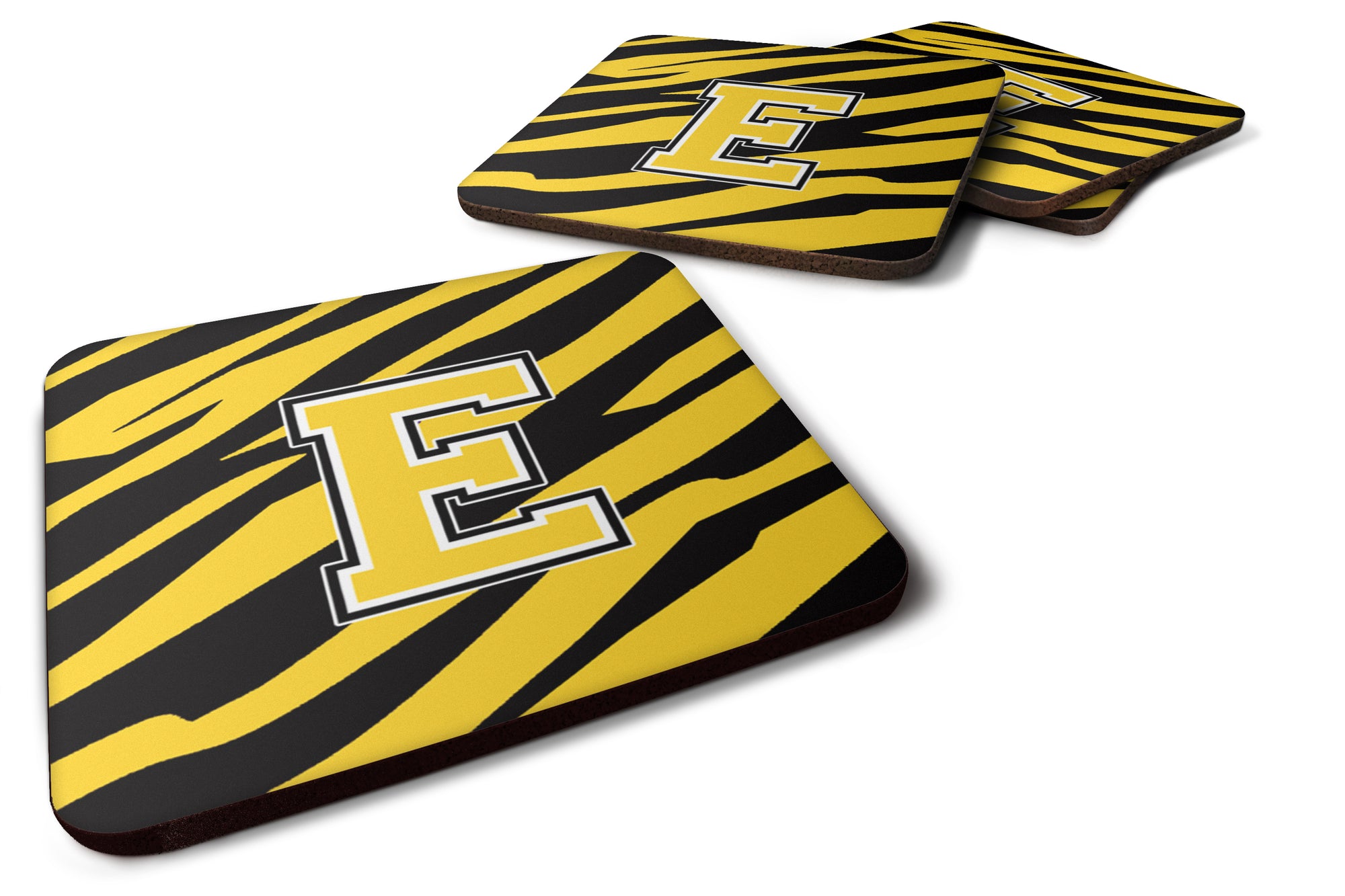 Set of 4 Monogram - Tiger Stripe - Black Gold Foam Coasters Initial Letter E - the-store.com