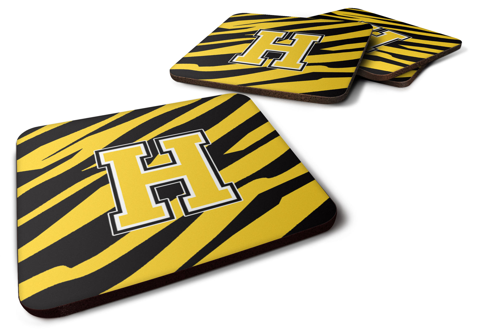 Set of 4 Monogram - Tiger Stripe - Black Gold Foam Coasters Initial Letter H - the-store.com