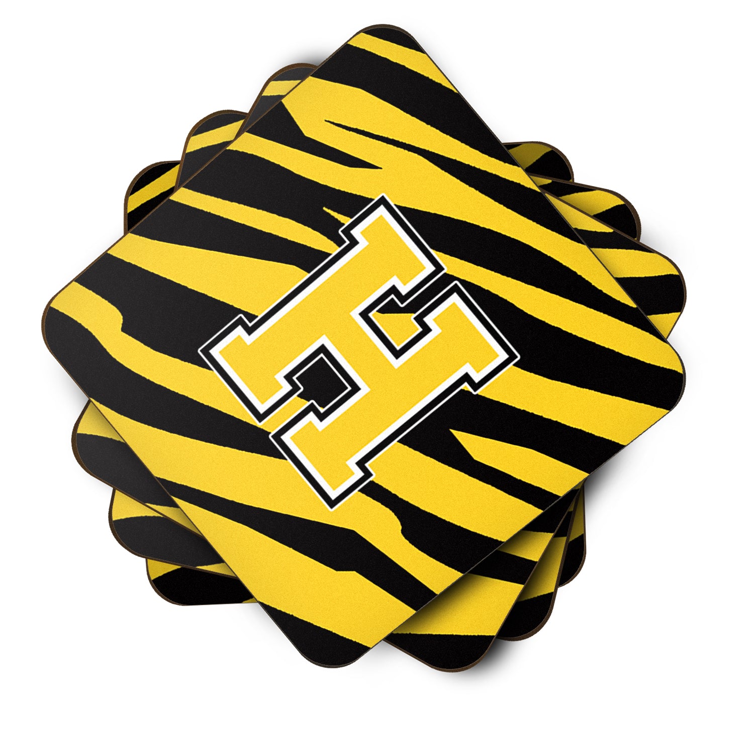 Set of 4 Monogram - Tiger Stripe - Black Gold Foam Coasters Initial Letter H - the-store.com