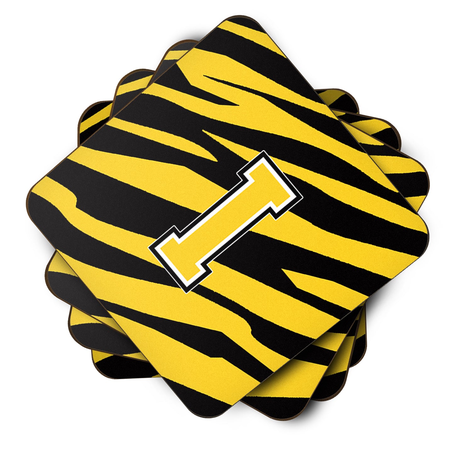 Set of 4 Monogram - Tiger Stripe - Black Gold Foam Coasters Initial Letter I - the-store.com