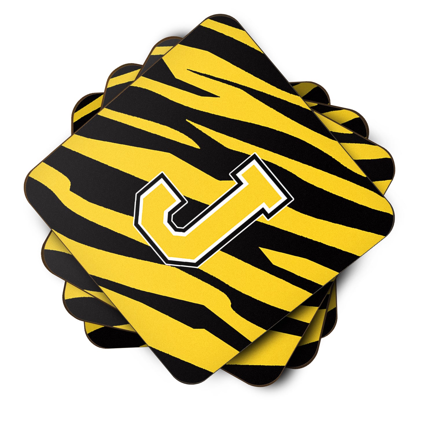 Set of 4 Monogram - Tiger Stripe - Black Gold Foam Coasters Initial Letter J - the-store.com