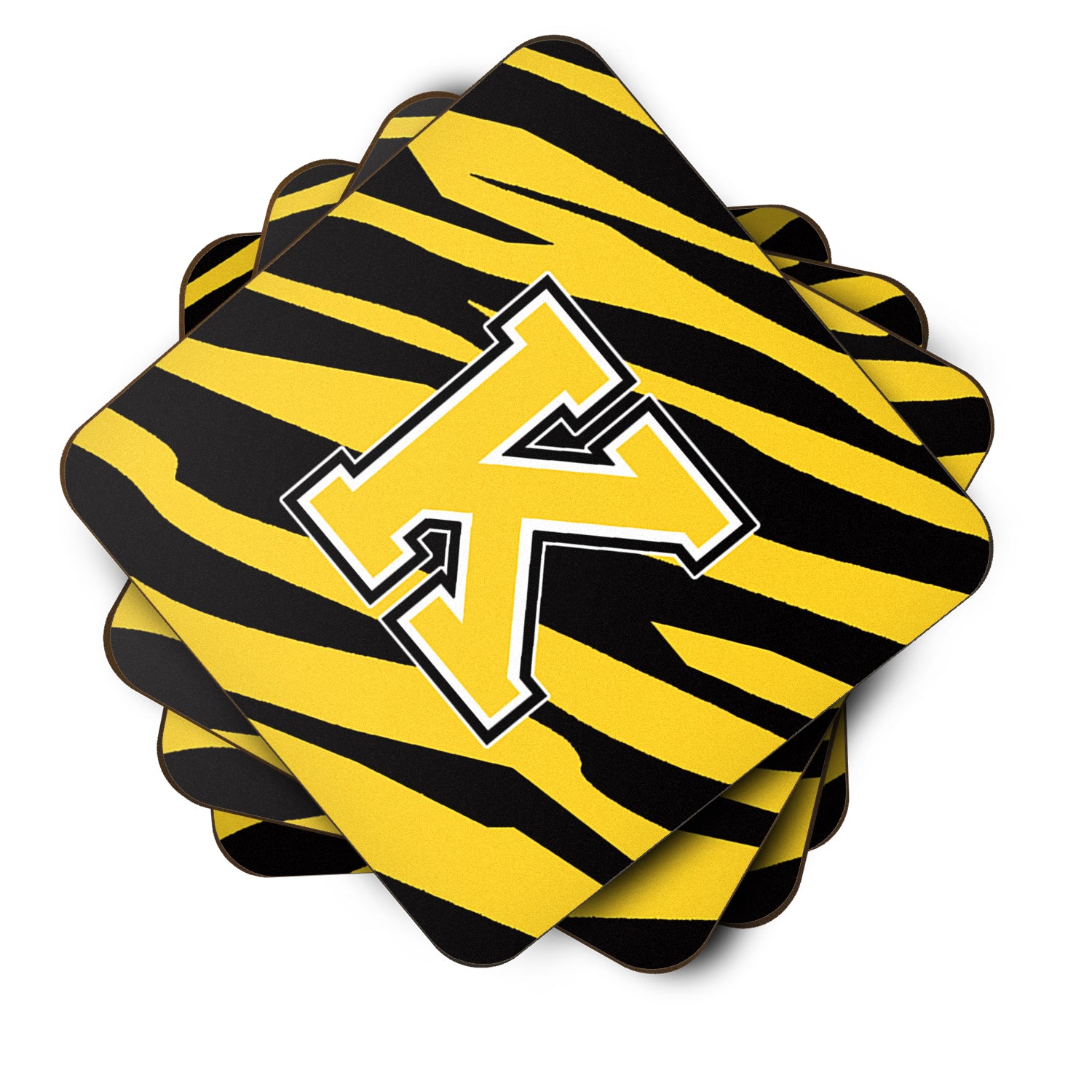 Set of 4 Monogram - Tiger Stripe - Black Gold Foam Coasters Initial Letter K - the-store.com