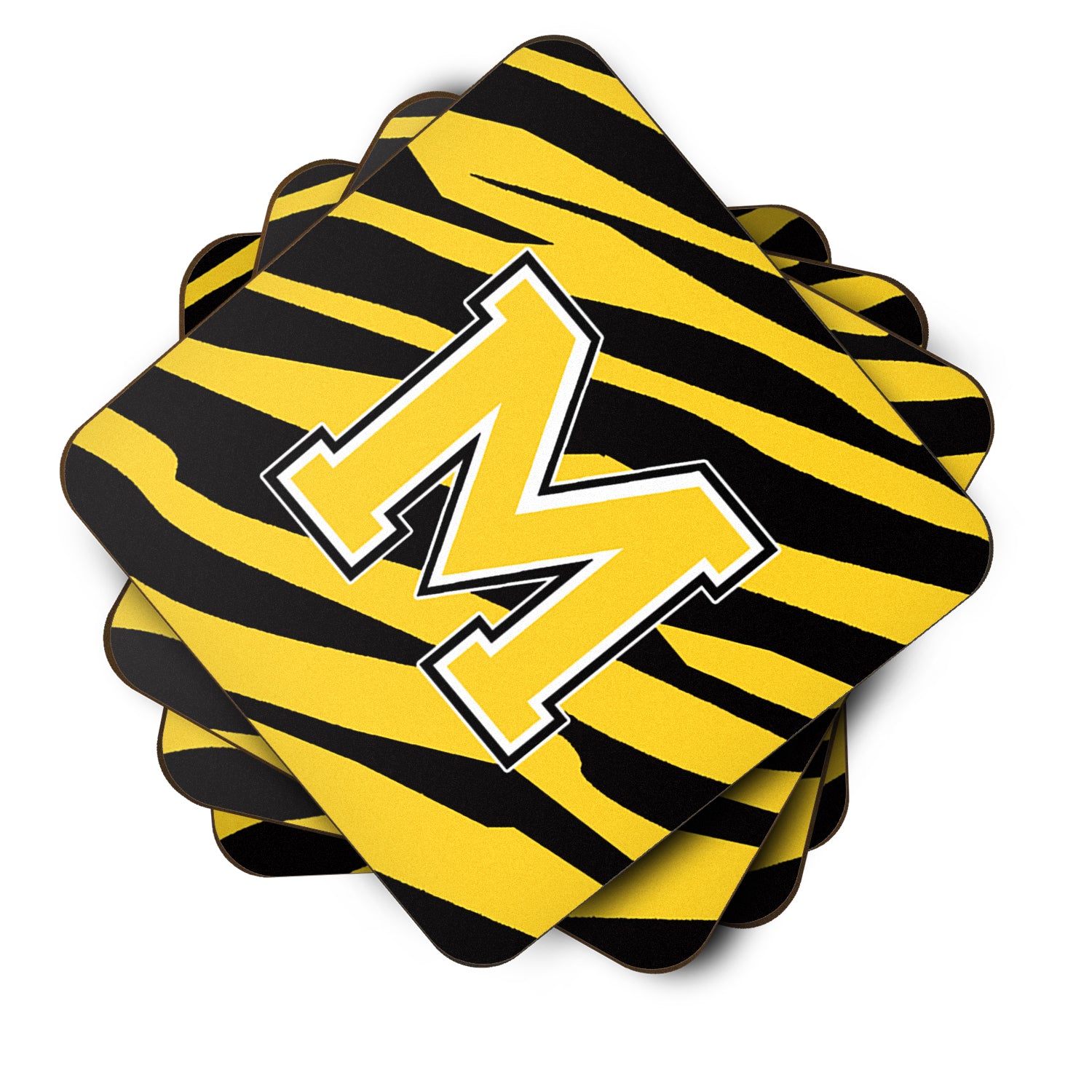 Set of 4 Monogram - Tiger Stripe - Black Gold Foam Coasters Initial Letter M - the-store.com