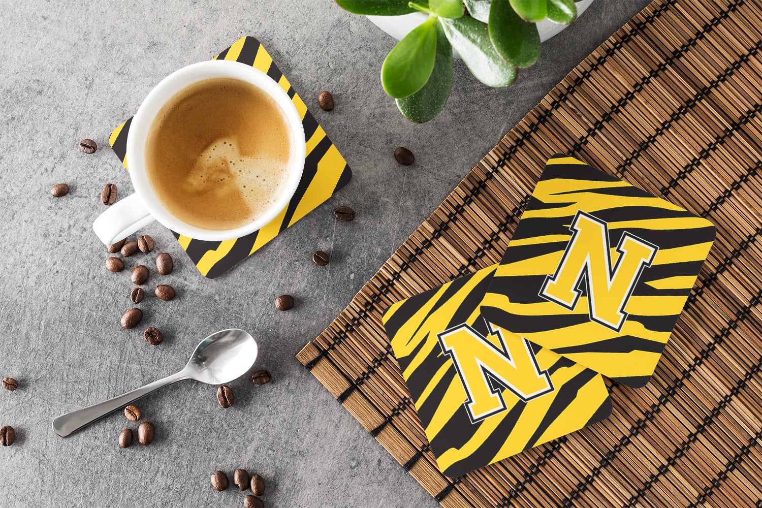 Set of 4 Monogram - Tiger Stripe - Black Gold Foam Coasters Initial Letter N - the-store.com