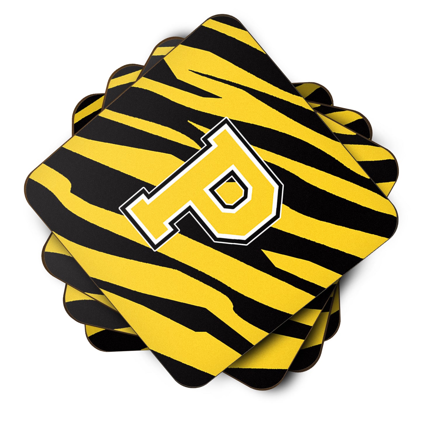 Set of 4 Monogram - Tiger Stripe - Black Gold Foam Coasters Initial Letter P - the-store.com