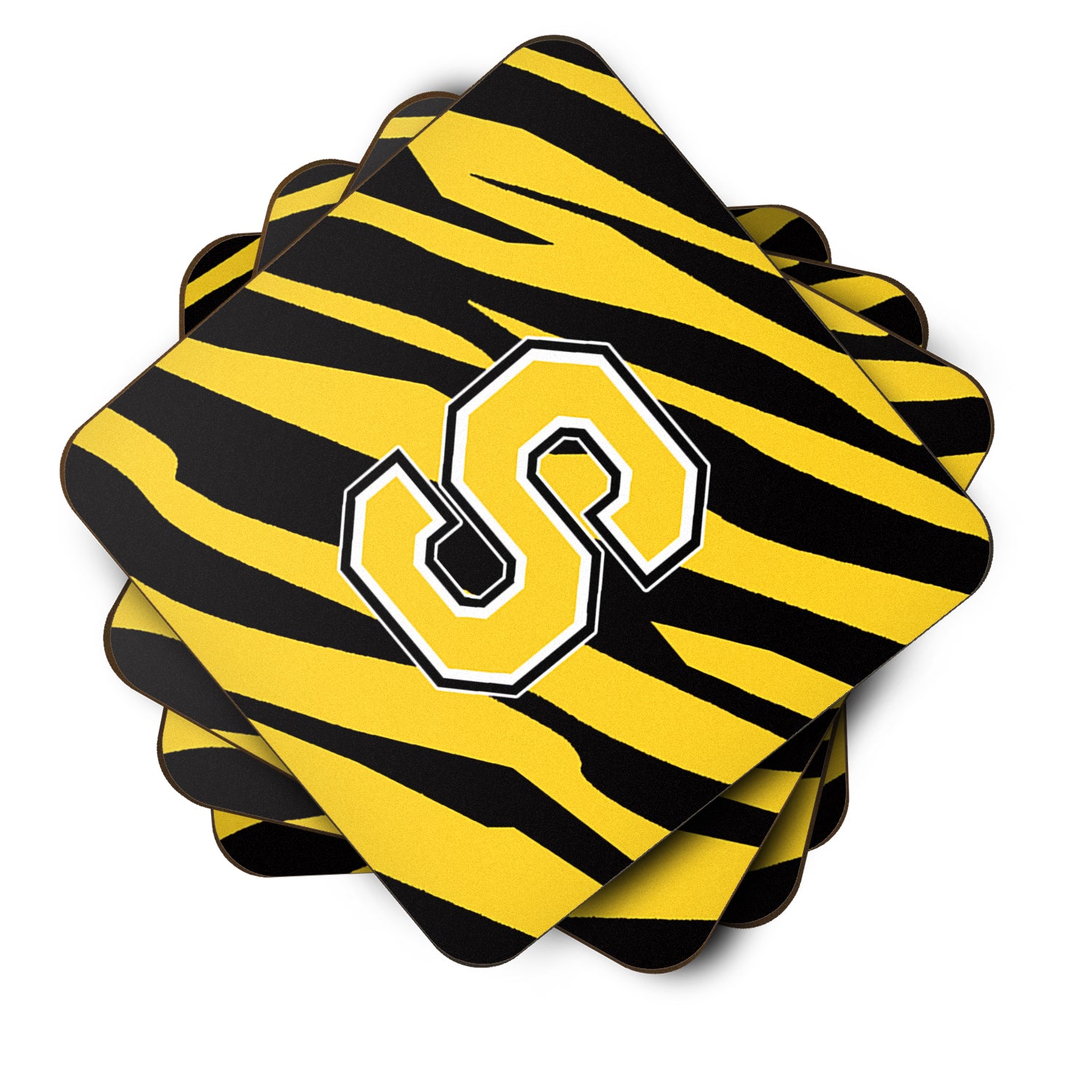 Set of 4 Monogram - Tiger Stripe - Black Gold Foam Coasters Initial Letter S - the-store.com