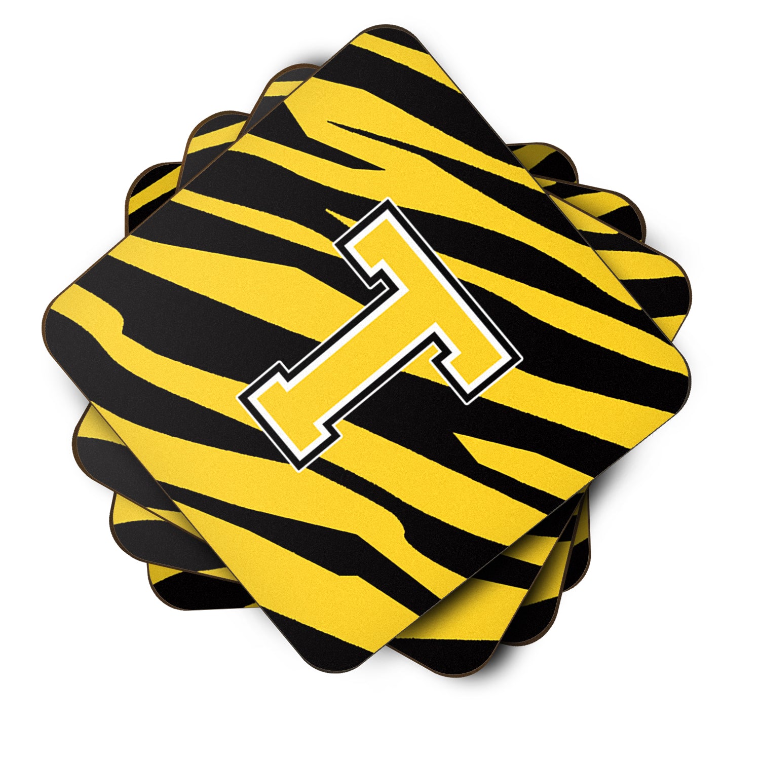 Set of 4 Monogram - Tiger Stripe - Black Gold Foam Coasters Initial Letter T - the-store.com