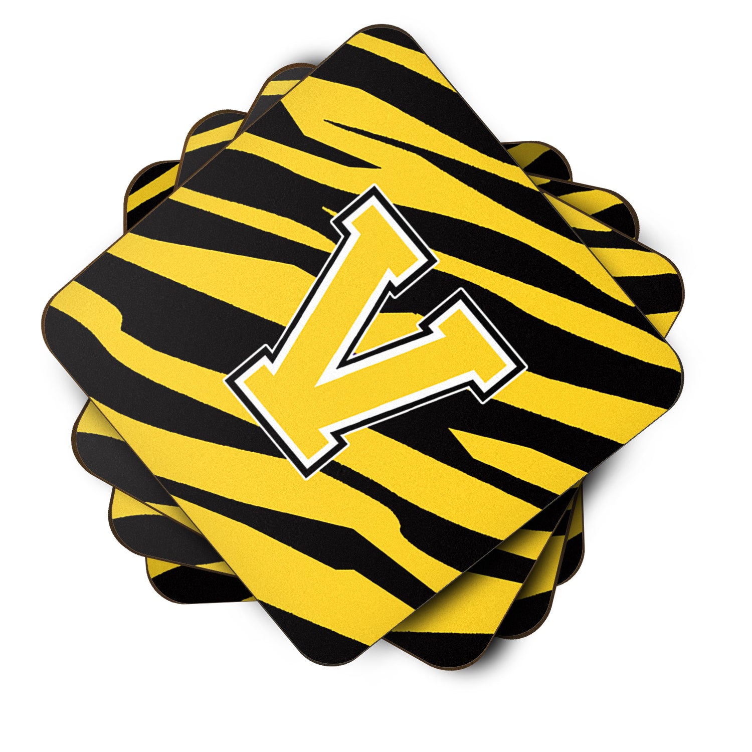 Set of 4 Monogram - Tiger Stripe - Black Gold Foam Coasters Initial Letter V - the-store.com