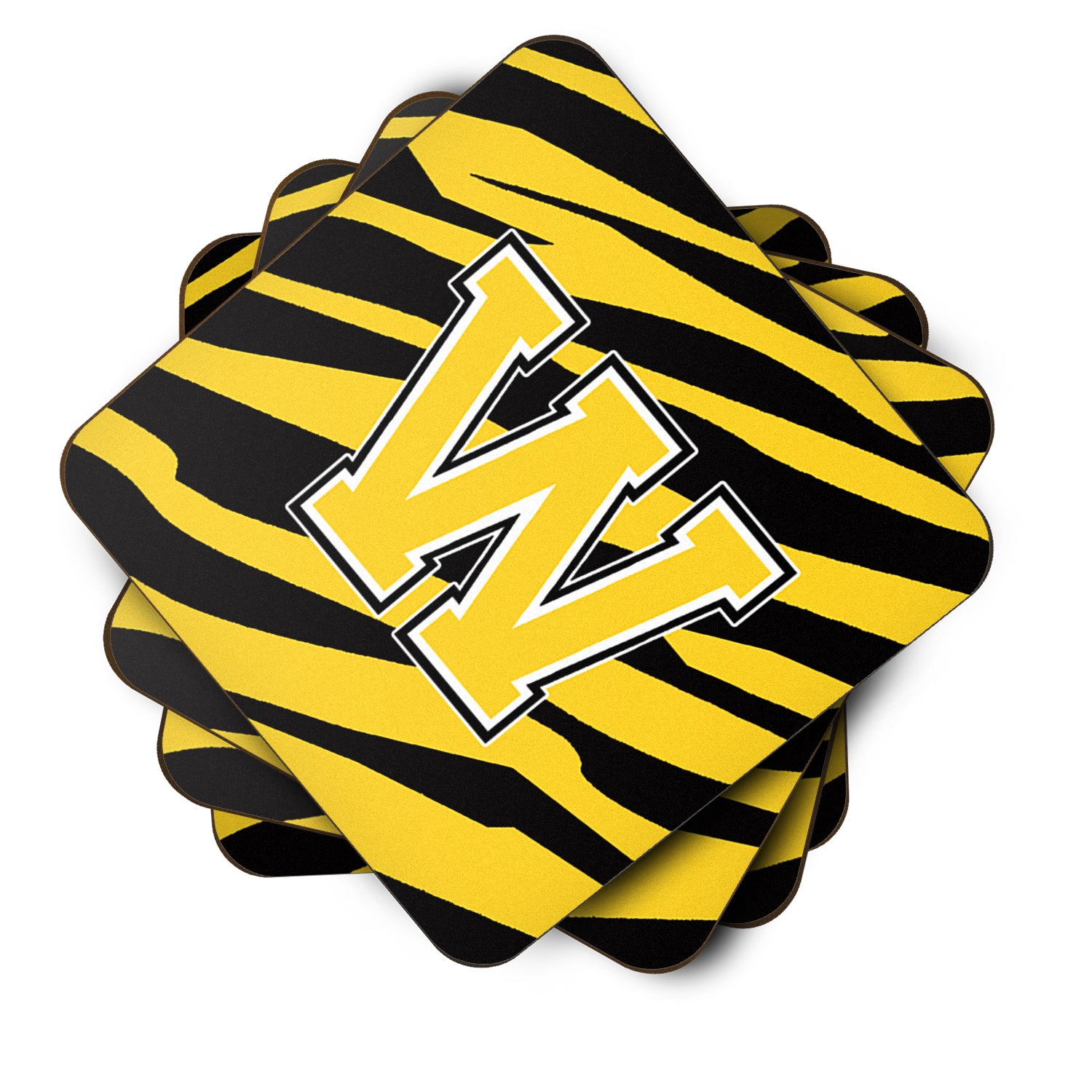 Set of 4 Monogram - Tiger Stripe - Black Gold Foam Coasters Initial Letter W - the-store.com