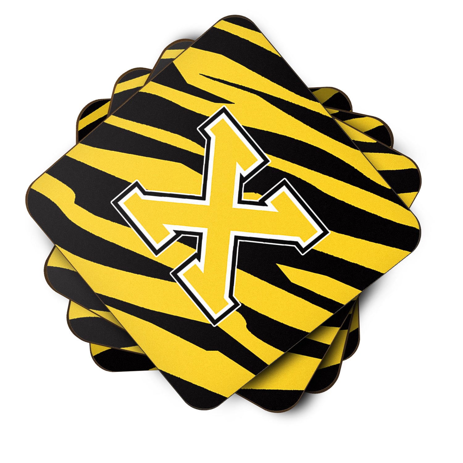 Set of 4 Monogram - Tiger Stripe - Black Gold Foam Coasters Initial Letter X - the-store.com