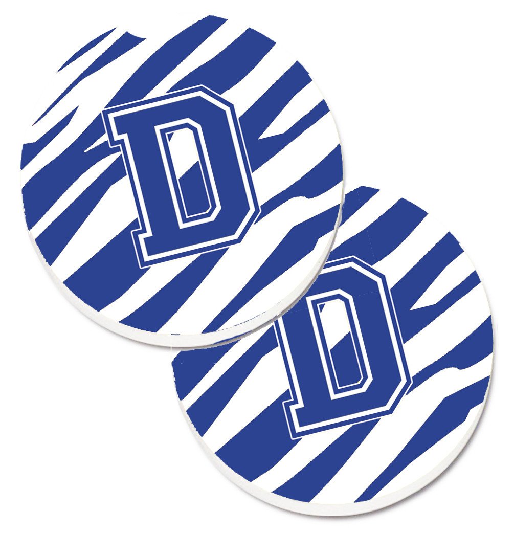 Monogram Initial D Tiger Stripe Blue and White Set of 2 Cup Holder Car Coasters CJ1034-DCARC by Caroline's Treasures